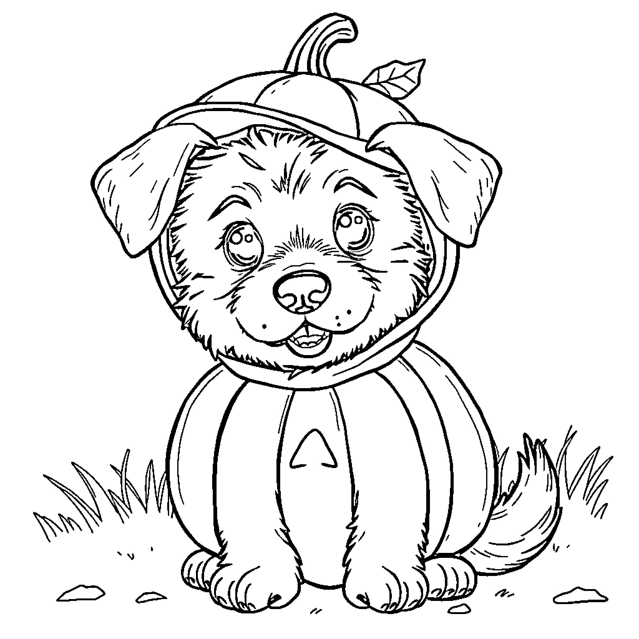 Dog dressed up as a pumpkin Coloring Page (free black-and-white line drawing printable PDF for all, from beginners to advanced learners, including children, teens, adults, and seniors)