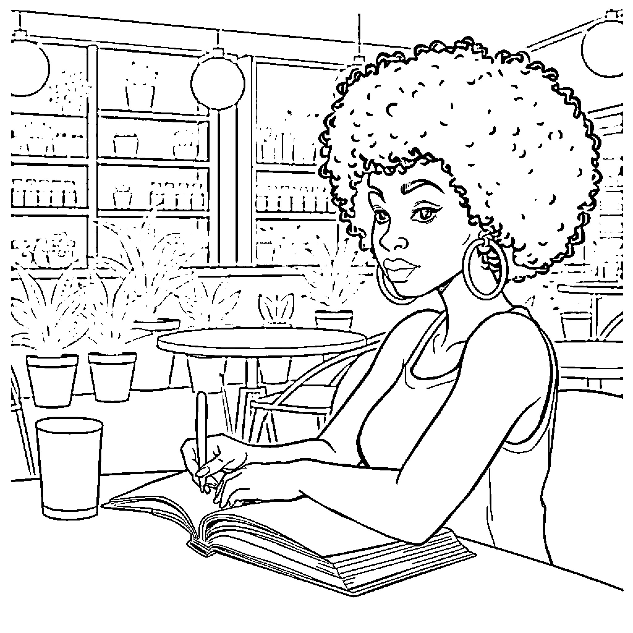 Woman reading a book in a cafe Coloring Page (free black-and-white line drawing printable PDF for all, from beginners to advanced learners, including children, teens, adults, and seniors)