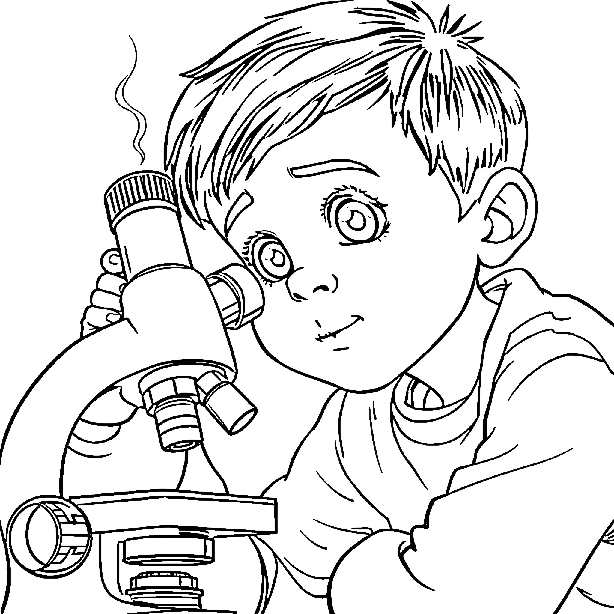 Boy intently using a microscope Coloring Page (free black-and-white line drawing printable PDF for all, from beginners to advanced learners, including children, teens, adults, and seniors)