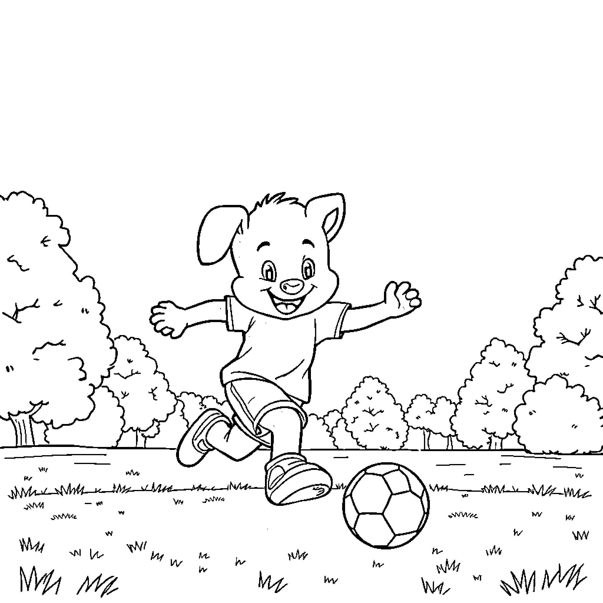 Bluey playing happily with soccer ball in nature Coloring Page (free black-and-white line drawing printable PDF for all, from beginners to advanced learners, including children, teens, adults, and seniors)