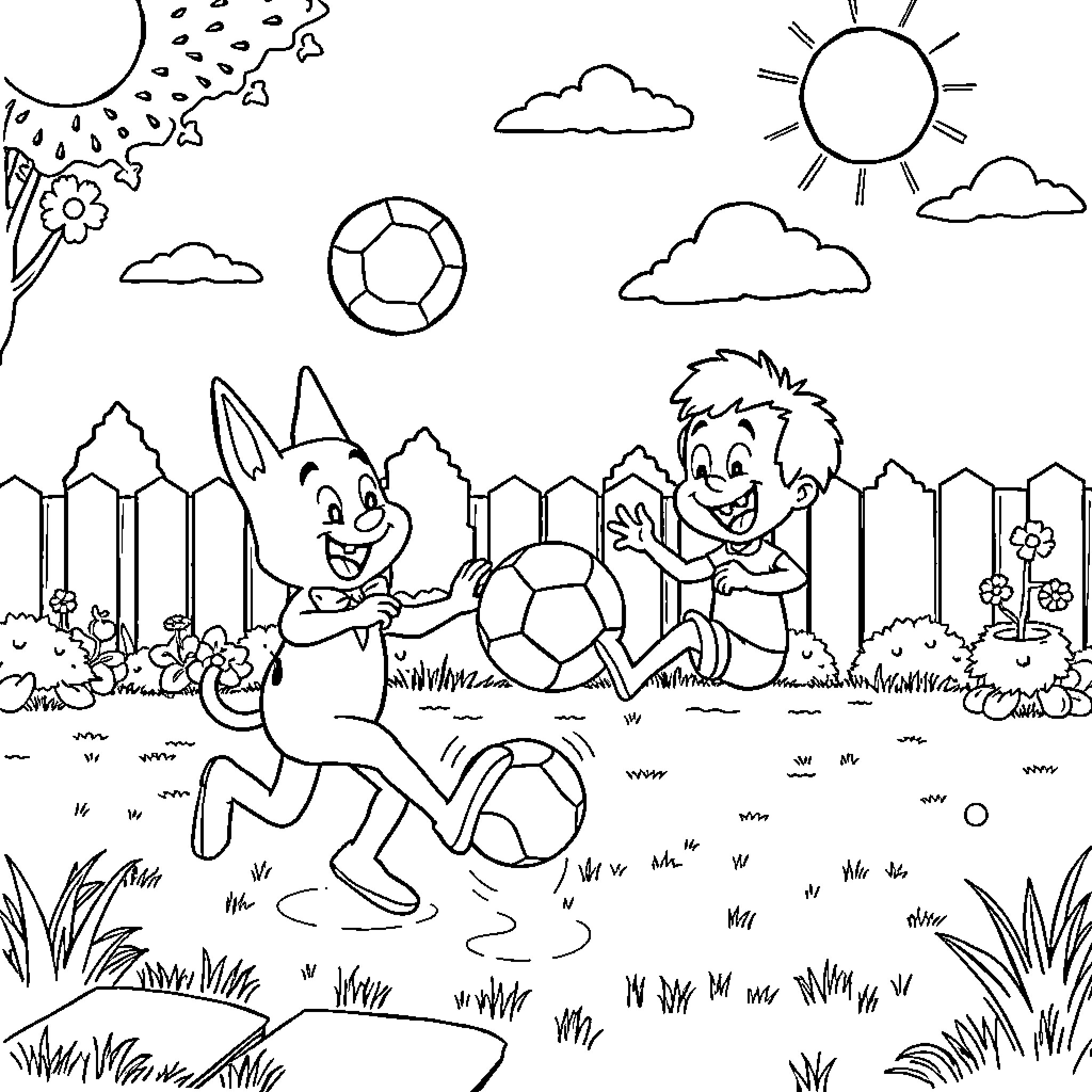 Bluey playing soccer with friend in sunny park Coloring Page (free black-and-white line drawing printable PDF for all, from beginners to advanced learners, including children, teens, adults, and seniors)