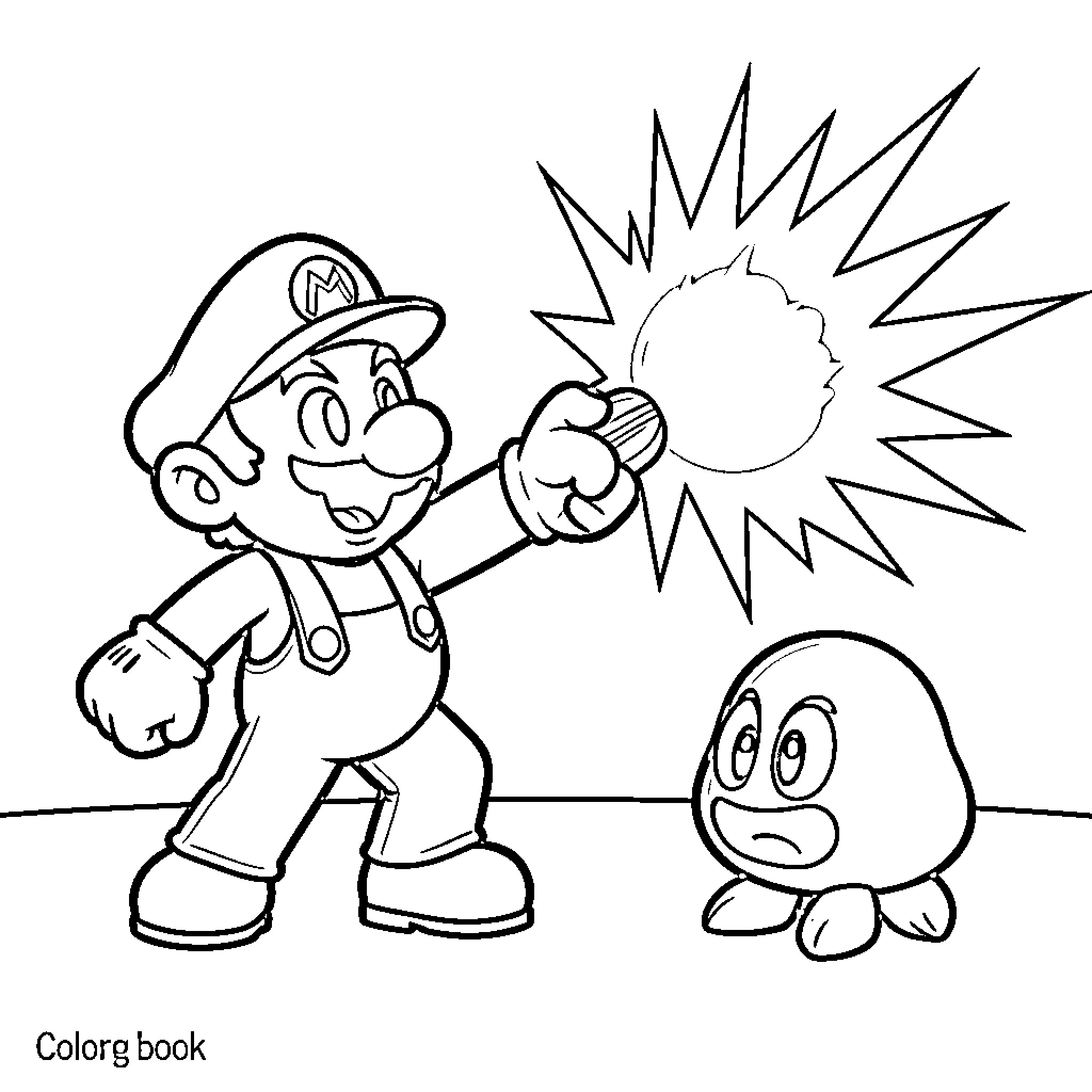 Super Mario Battling Enemies in Action Scene Coloring Page (free black-and-white line drawing printable PDF for all, from beginners to advanced learners, including children, teens, adults, and seniors)