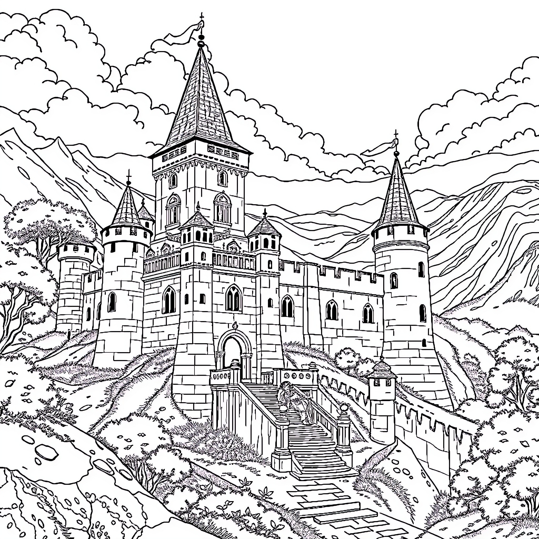 Cinderella's Enchanting Castle in the Mountains Coloring Page (free black-and-white line drawing printable PDF for all, from beginners to advanced learners, including children, teens, adults, and seniors)