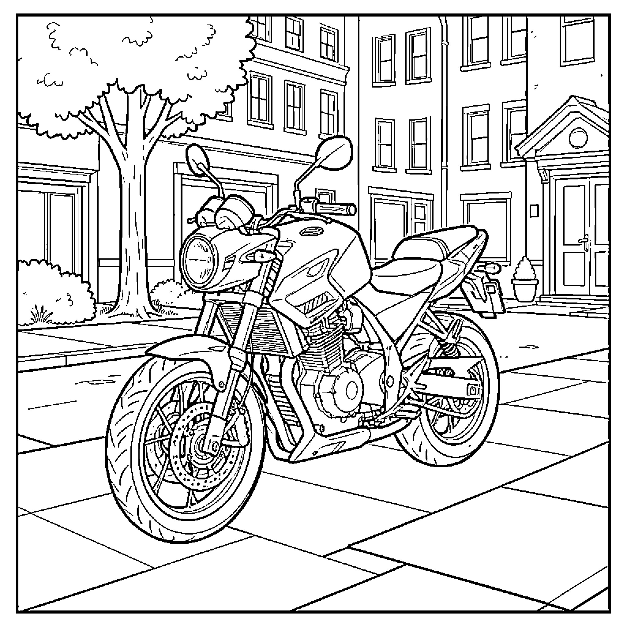 Motorcycle parked on a quiet city street Coloring Page (free black-and-white line drawing printable PDF for all, from beginners to advanced learners, including children, teens, adults, and seniors)
