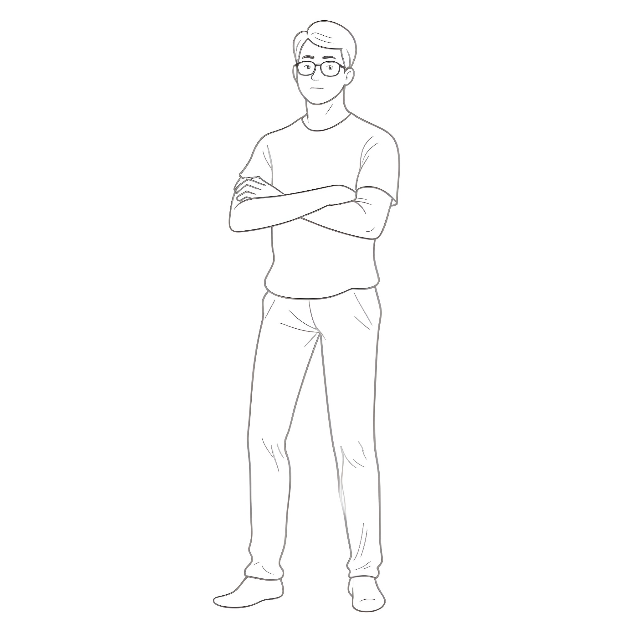 Adult man standing with arms crossed Coloring Page (free black-and-white line drawing printable PDF for all, from beginners to advanced learners, including children, teens, adults, and seniors)