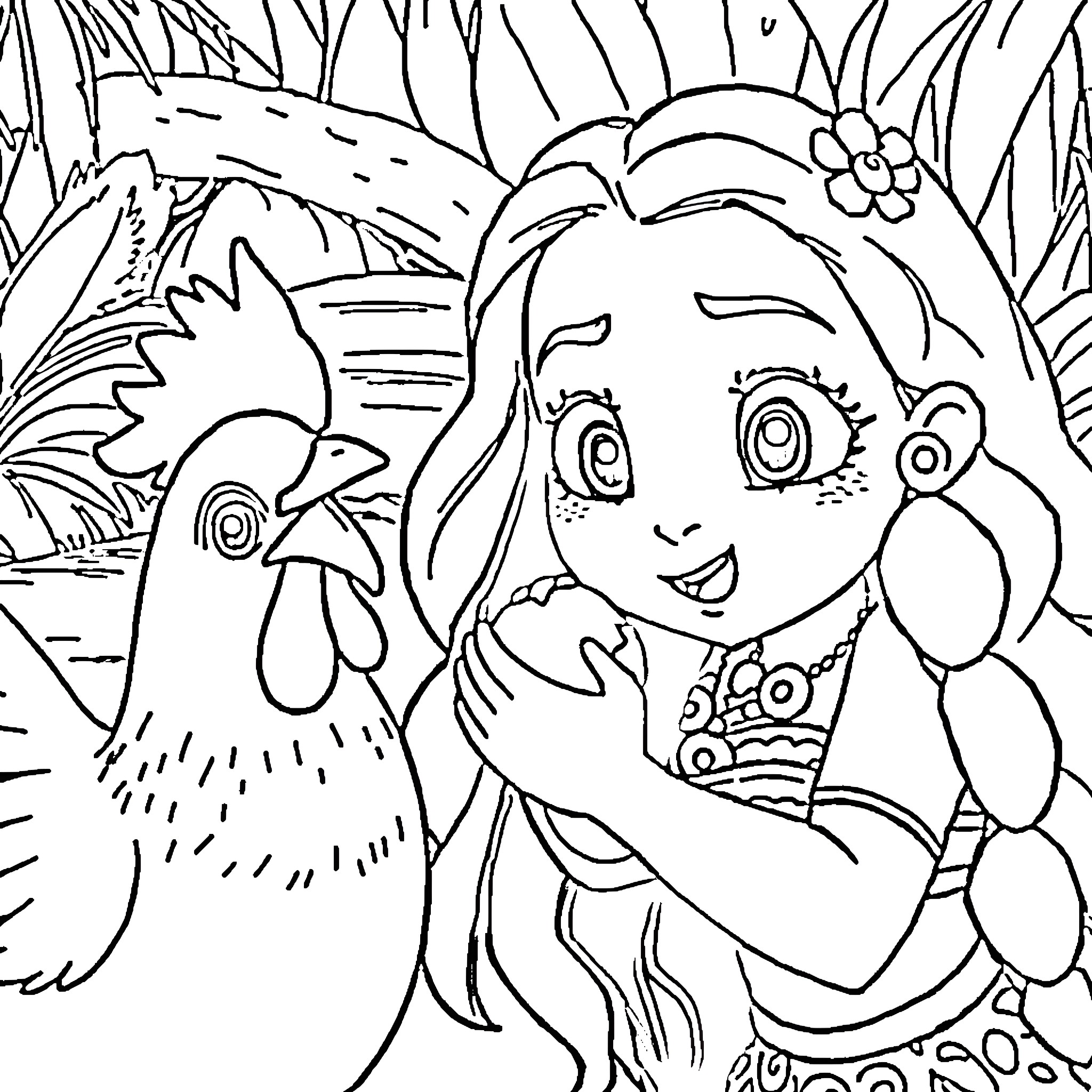 Moana exploring nature with animal companions Coloring Page (free black-and-white line drawing printable PDF for all, from beginners to advanced learners, including children, teens, adults, and seniors)