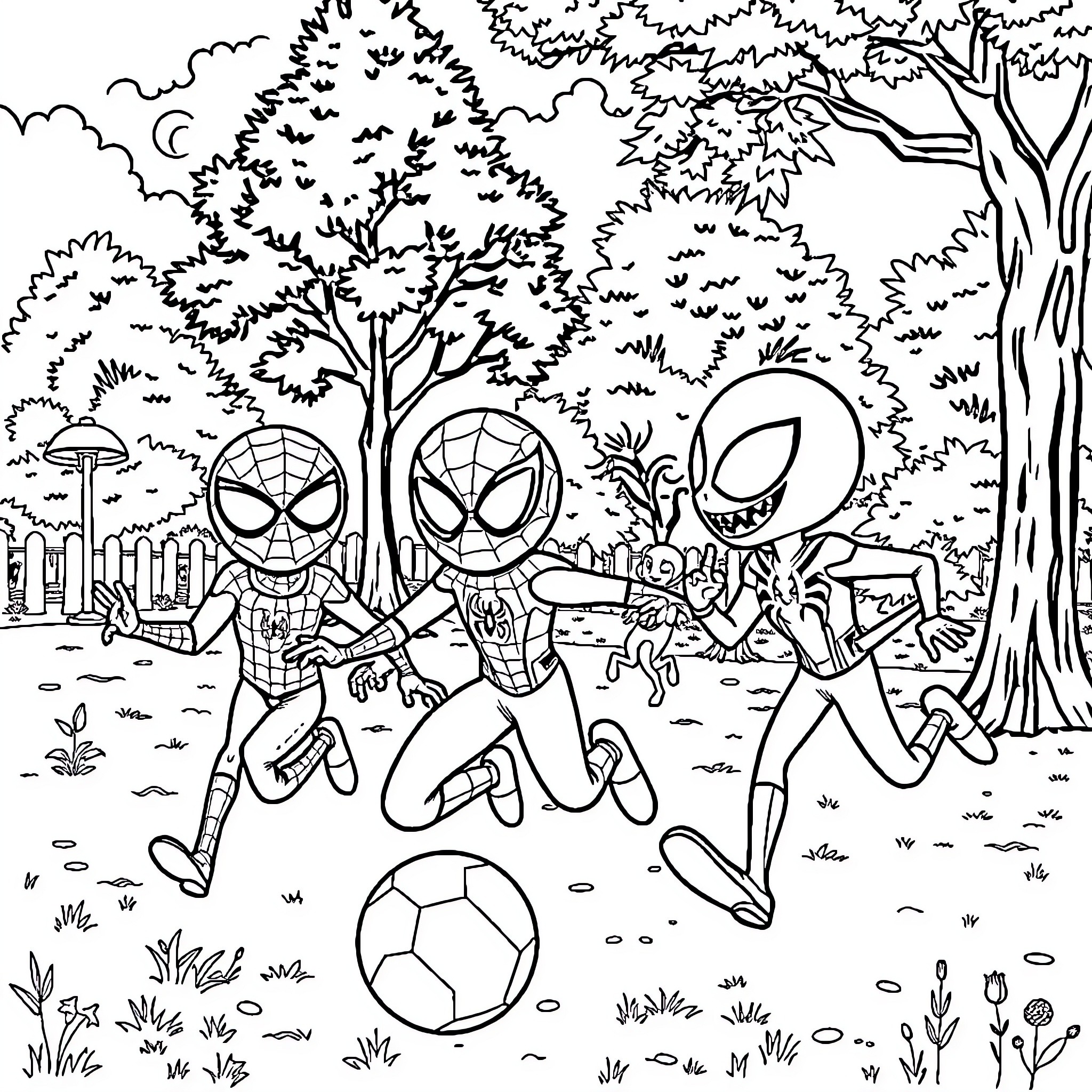 Spidey characters playing soccer in the park Coloring Page (free black-and-white line drawing printable PDF for all, from beginners to advanced learners, including children, teens, adults, and seniors)