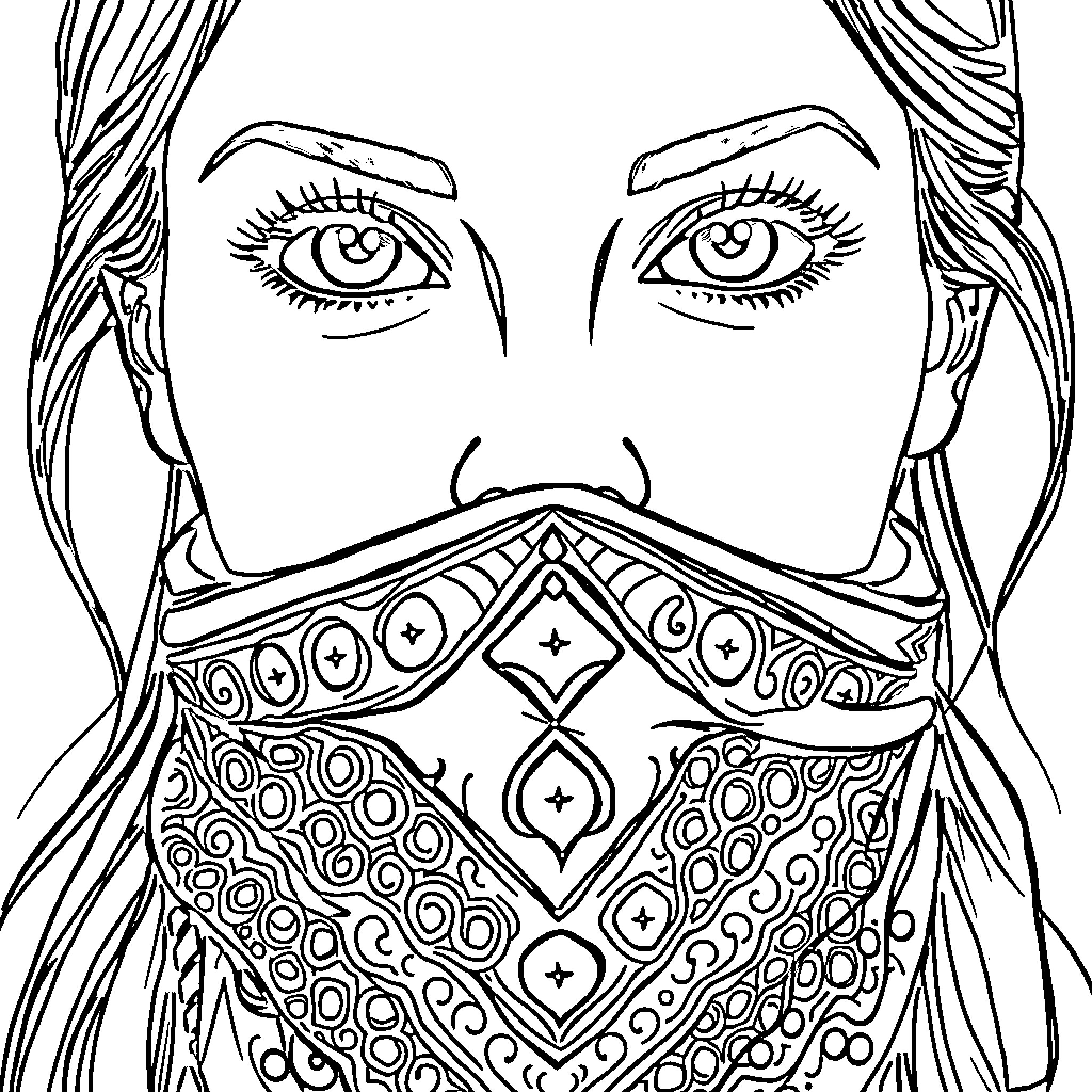 Woman with Intricate Facial Patterning Coloring Page (free black-and-white line drawing printable PDF for all, from beginners to advanced learners, including children, teens, adults, and seniors)