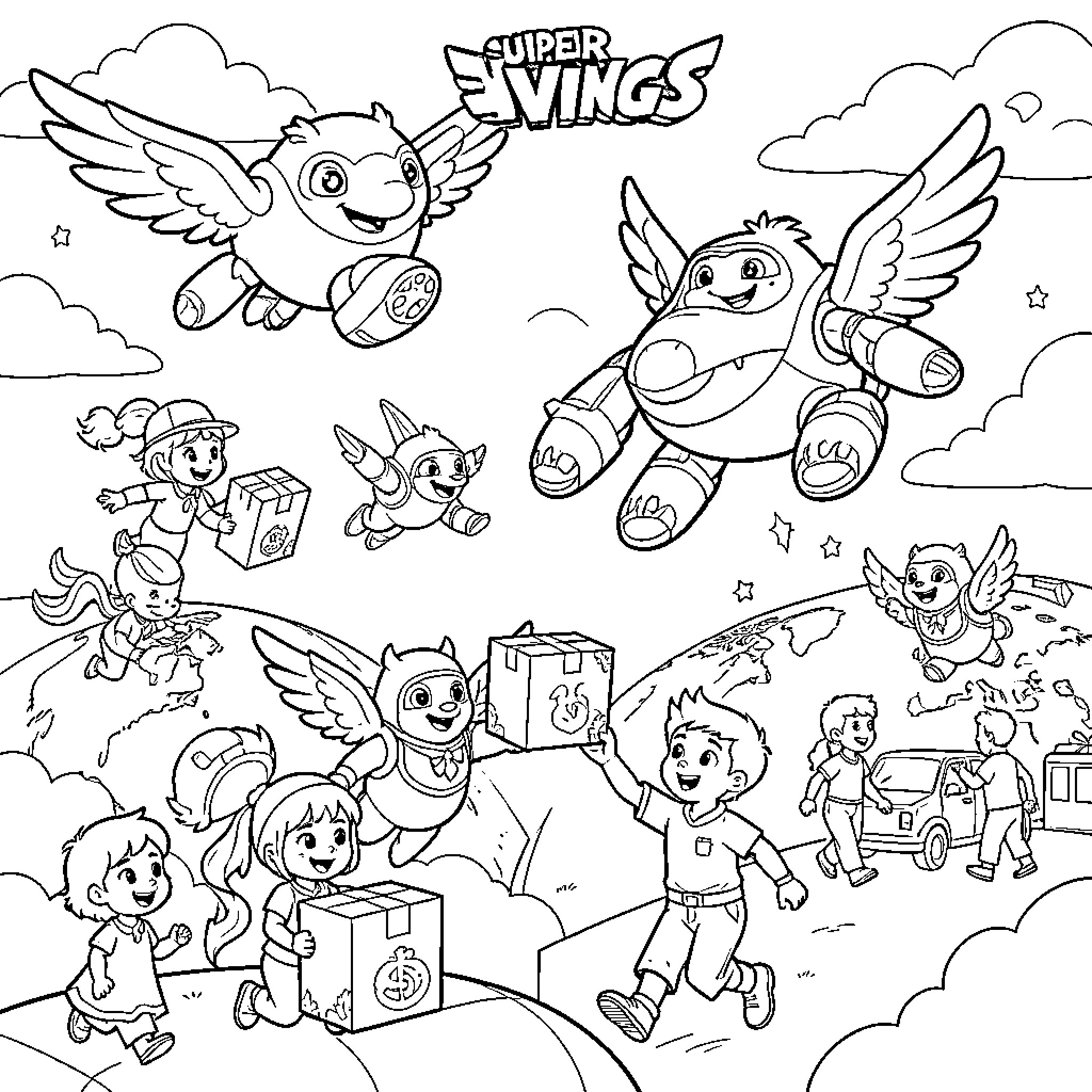 Super Wings characters flying and delivering packages to children Coloring Page (free black-and-white line drawing printable PDF for all, from beginners to advanced learners, including children, teens, adults, and seniors)