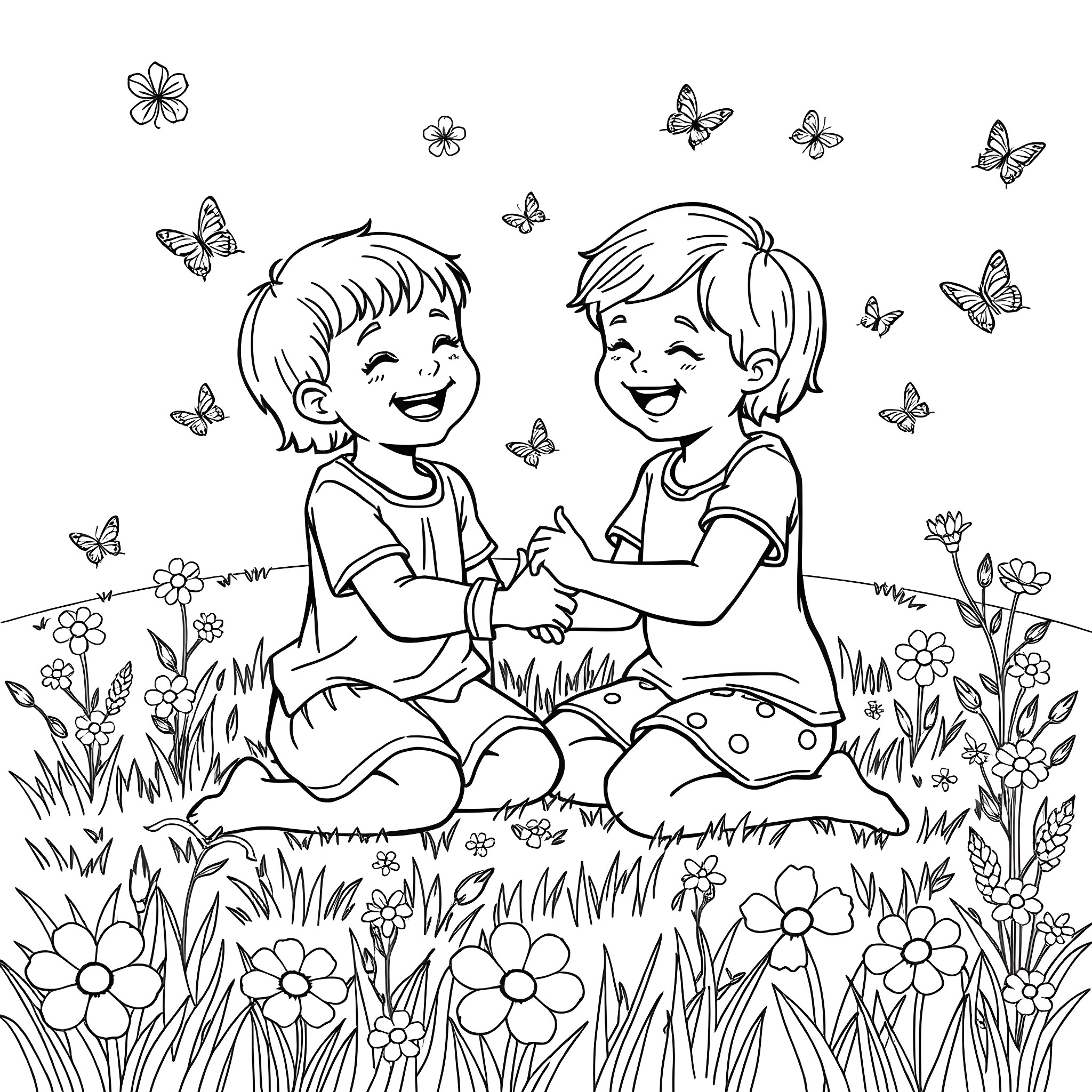Children playing happily together in a flowery meadow Coloring Page (free black-and-white line drawing printable PDF for all, from beginners to advanced learners, including children, teens, adults, and seniors)