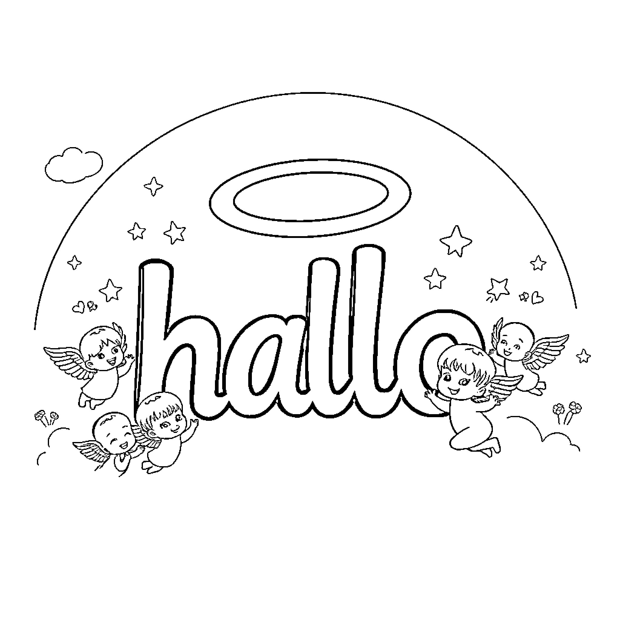 Halo of Heavenly Angels with Playful Expressions Coloring Page (free black-and-white line drawing printable PDF for all, from beginners to advanced learners, including children, teens, adults, and seniors)