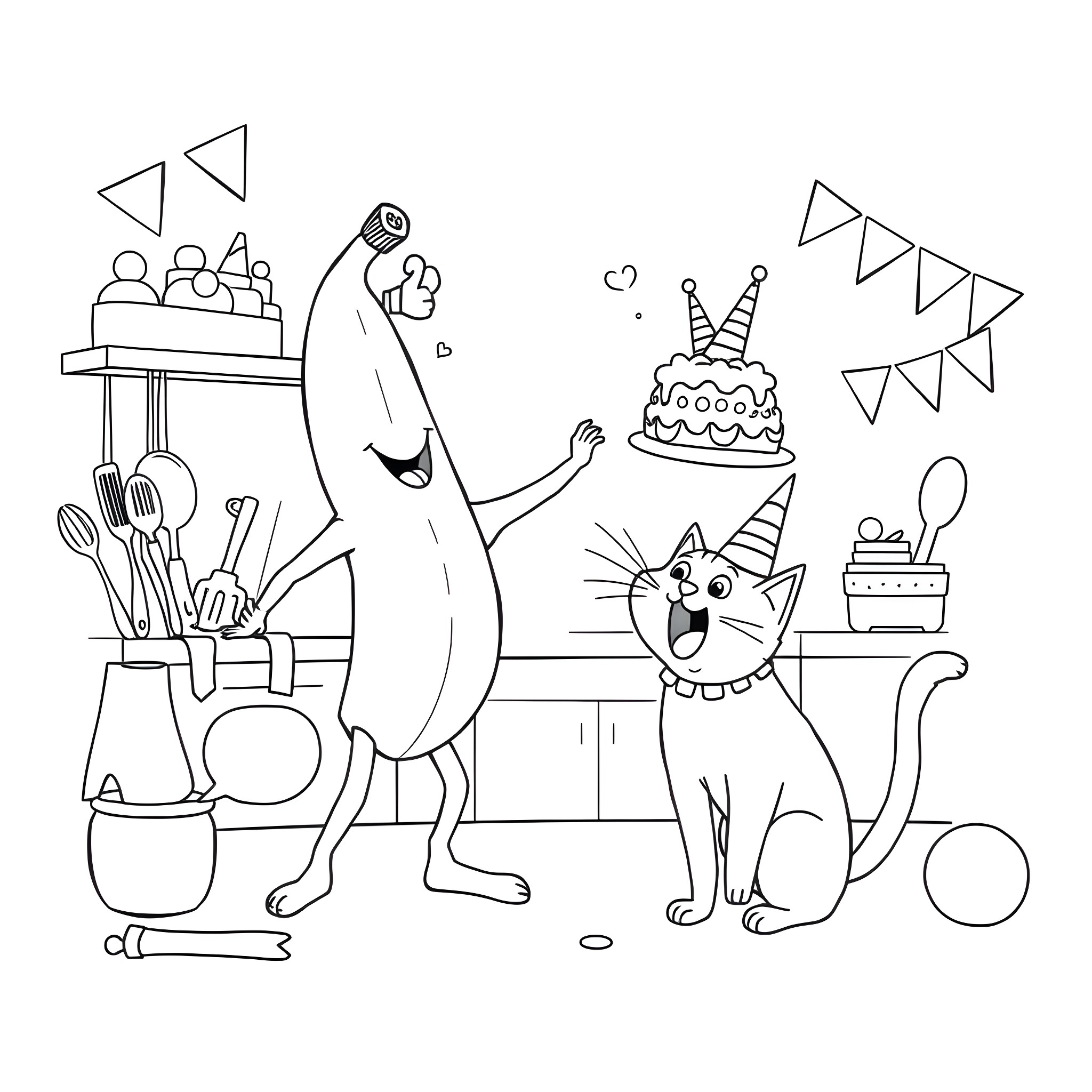 Banana Man's Festive Celebration with Playful Cat Coloring Page (free black-and-white line drawing printable PDF for all, from beginners to advanced learners, including children, teens, adults, and seniors)