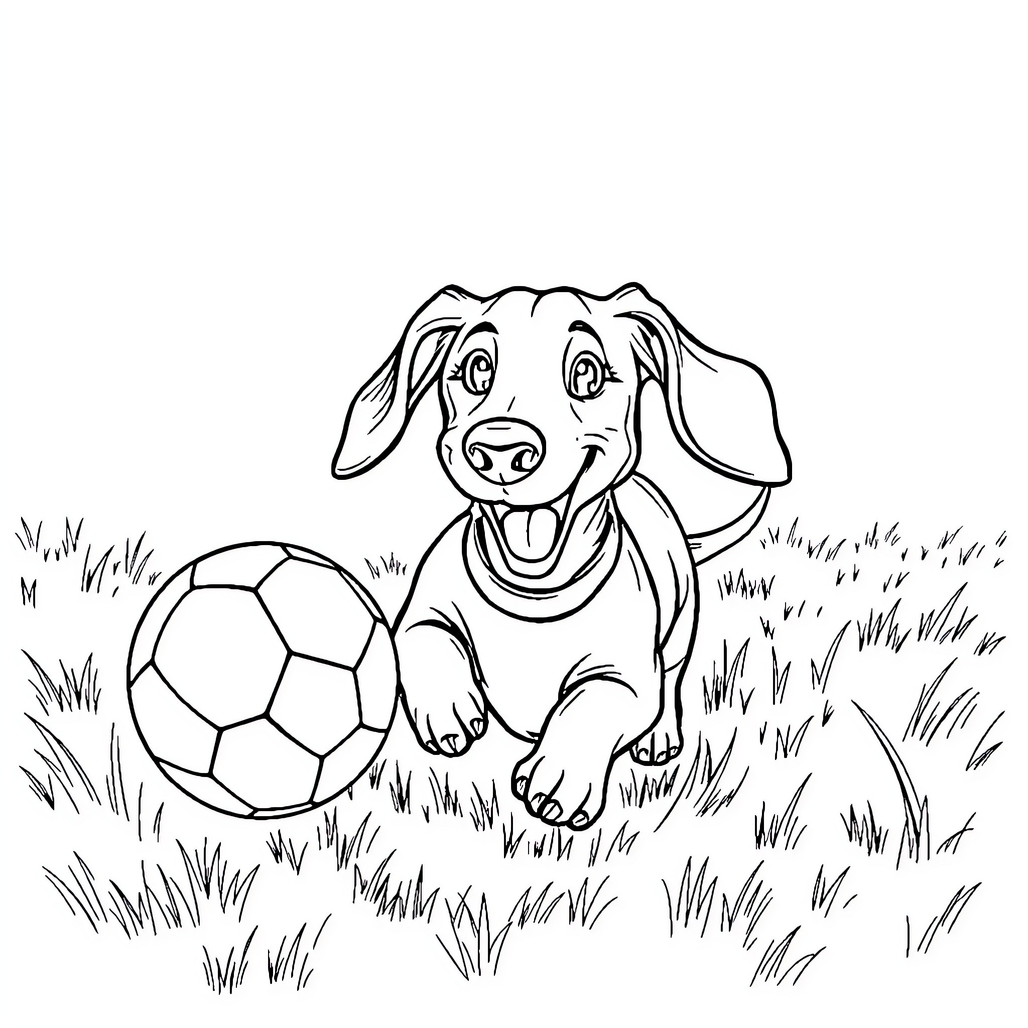 Dachshund playing joyfully with soccer ball in grassy field Coloring Page (free black-and-white line drawing printable PDF for all, from beginners to advanced learners, including children, teens, adults, and seniors)
