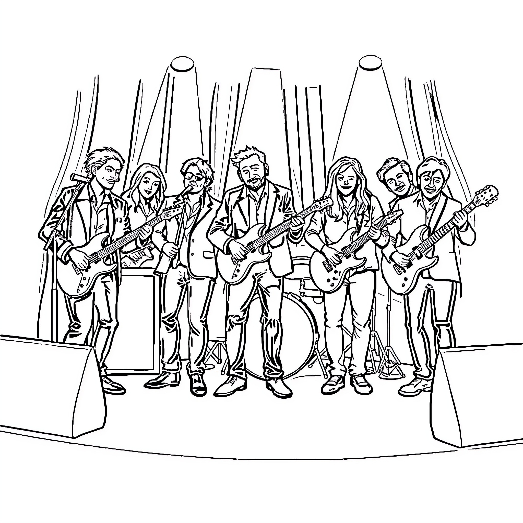 Band performing on stage with instruments Coloring Page (free black-and-white line drawing printable PDF for all, from beginners to advanced learners, including children, teens, adults, and seniors)