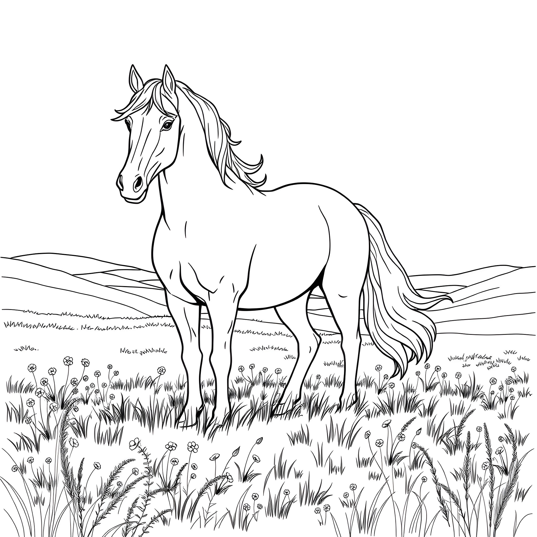Horse standing in a grassy field Coloring Page (free black-and-white line drawing printable PDF for all, from beginners to advanced learners, including children, teens, adults, and seniors)