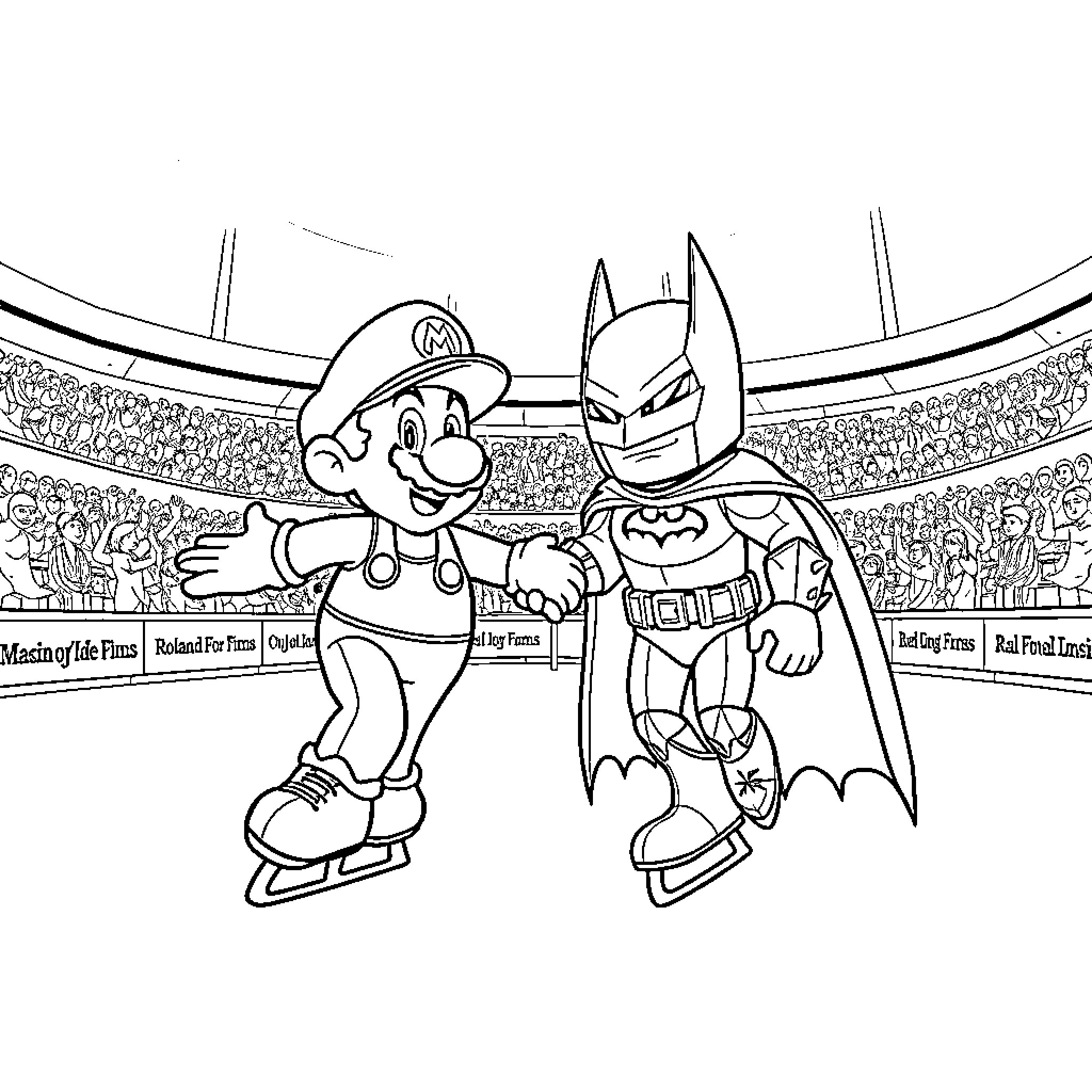 Super Mario and Batman Ice Skating in Arena Coloring Page (free black-and-white line drawing printable PDF for all, from beginners to advanced learners, including children, teens, adults, and seniors)