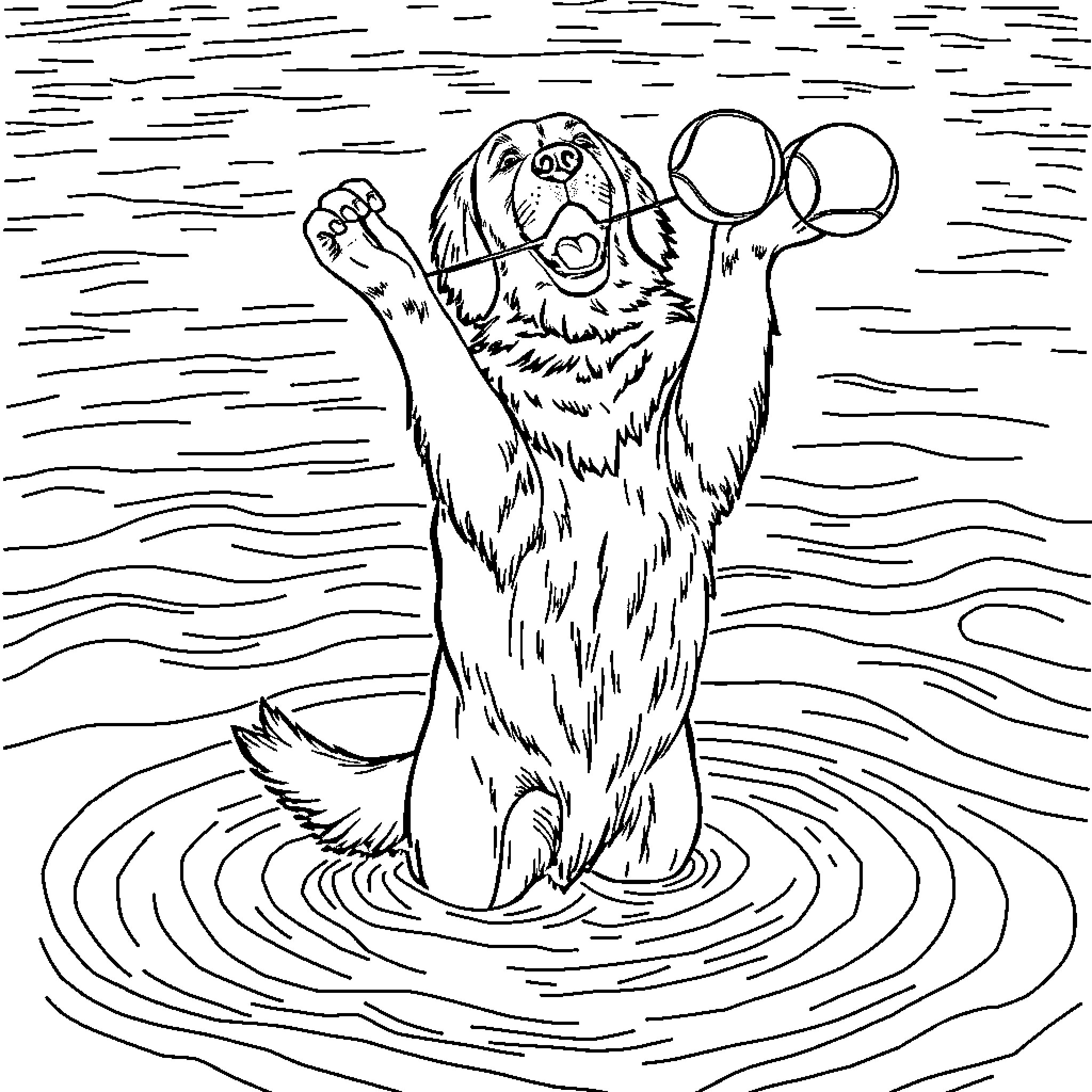 Golden Retriever Playfully Splashing in Water Coloring Page (free black-and-white line drawing printable PDF for all, from beginners to advanced learners, including children, teens, adults, and seniors)