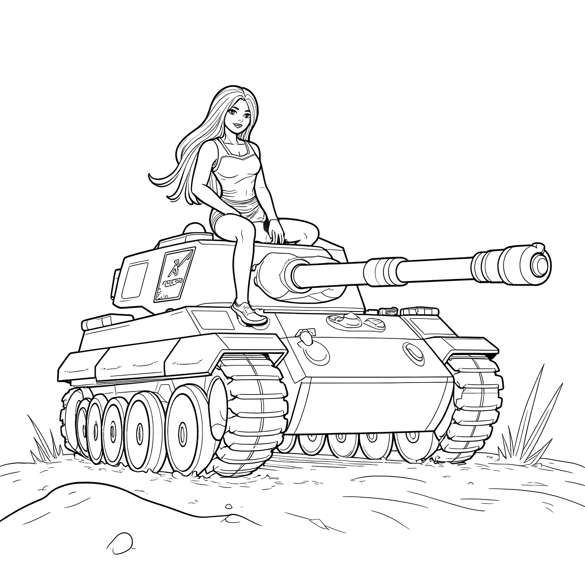 Tankgirl riding a formidable armored vehicle Coloring Page (free black-and-white line drawing printable PDF for all, from beginners to advanced learners, including children, teens, adults, and seniors)