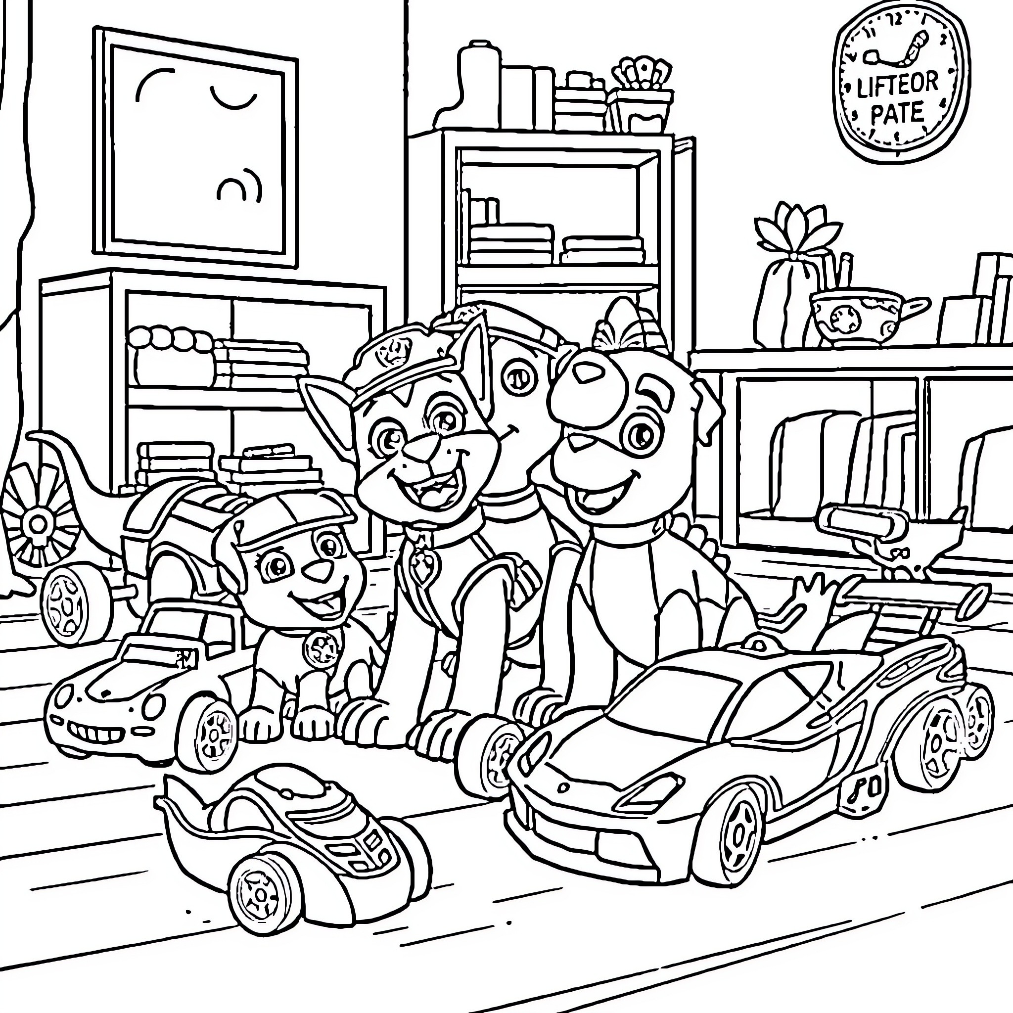 Dinosaur Pals Playing with Toy Cars in Room Coloring Page (free black-and-white line drawing printable PDF for all, from beginners to advanced learners, including children, teens, adults, and seniors)