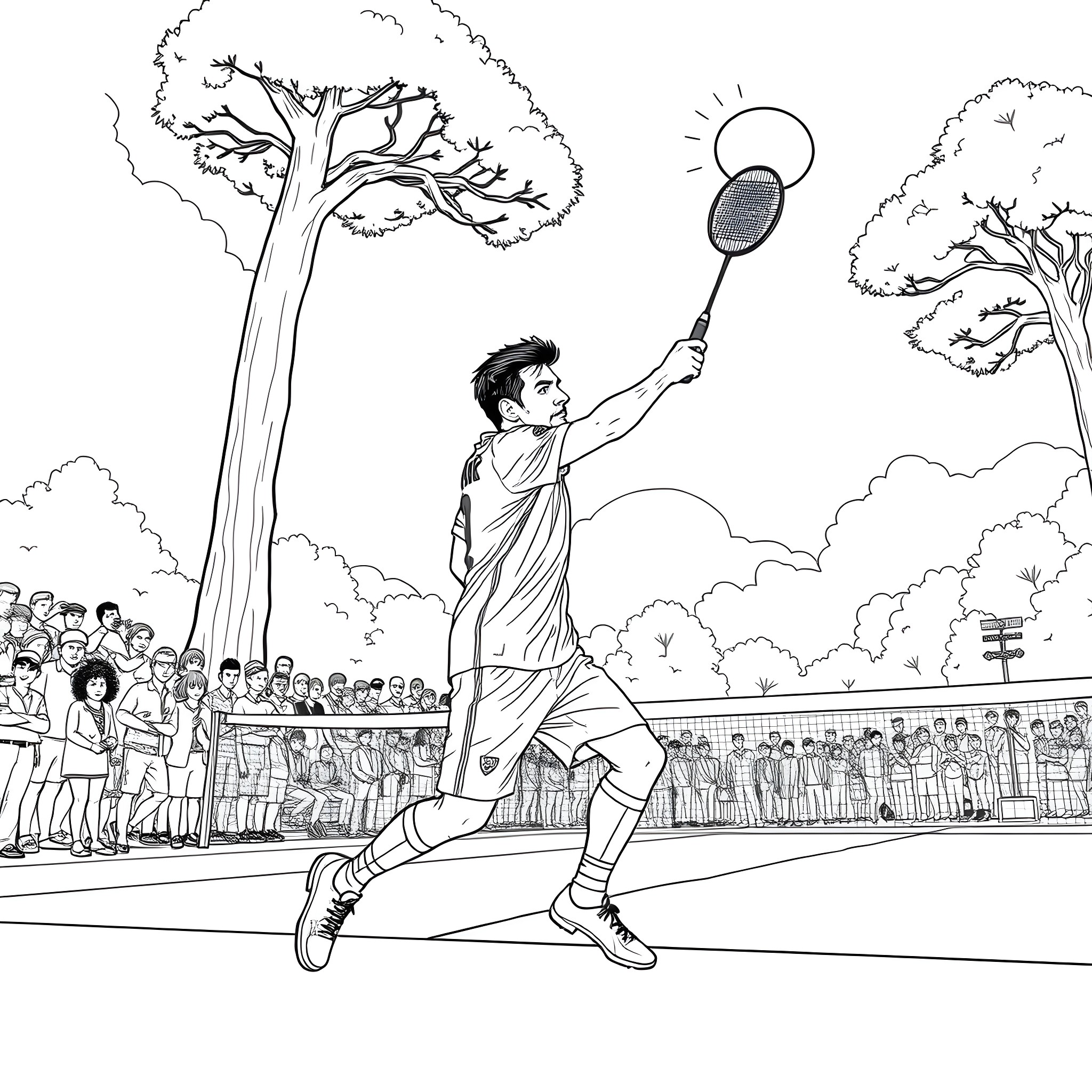 Messi playing tennis in front of a crowd Coloring Page (free black-and-white line drawing printable PDF for all, from beginners to advanced learners, including children, teens, adults, and seniors)