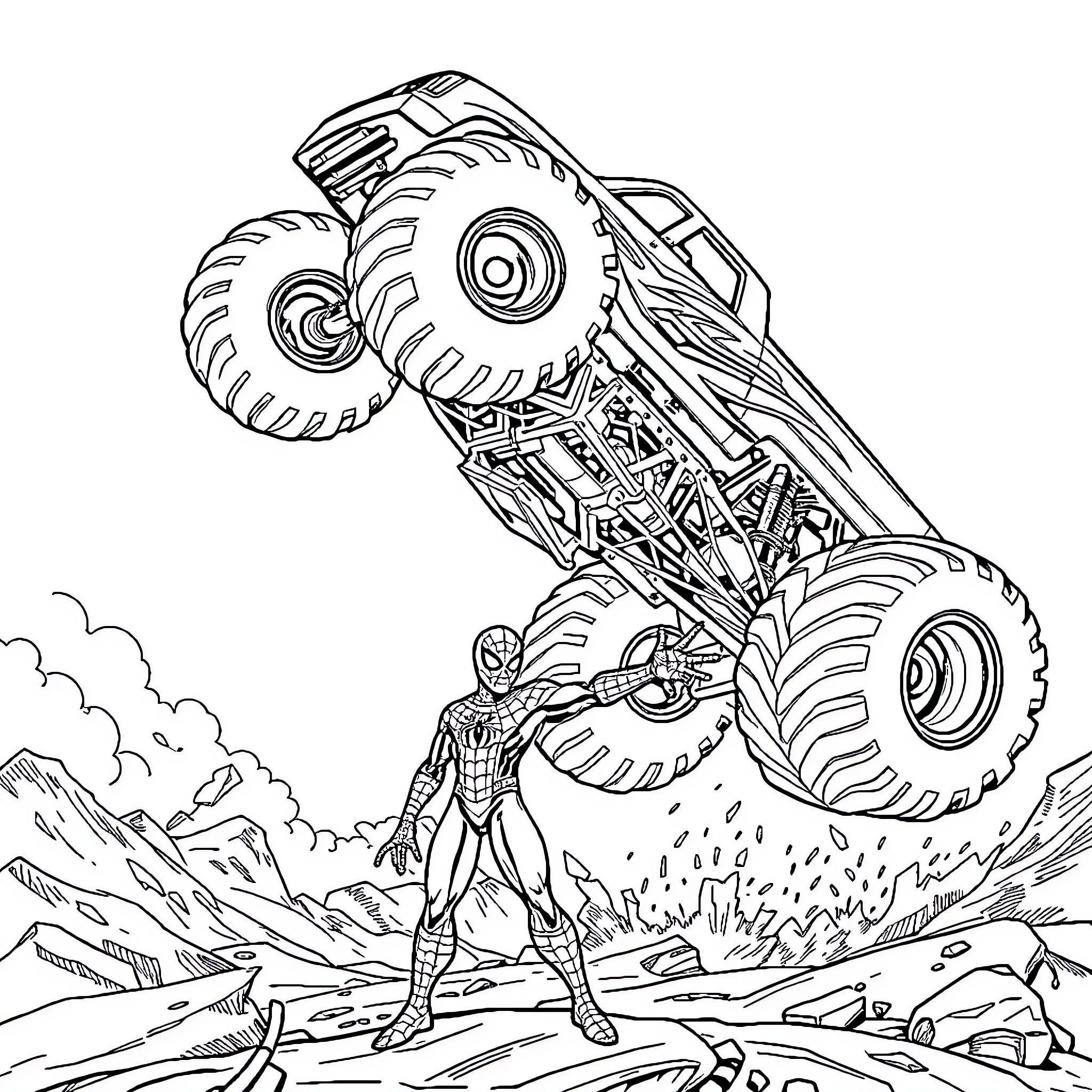Monster Truck jumping over a superhero in the rugged landscape Coloring Page (free black-and-white line drawing printable PDF for all, from beginners to advanced learners, including children, teens, adults, and seniors)