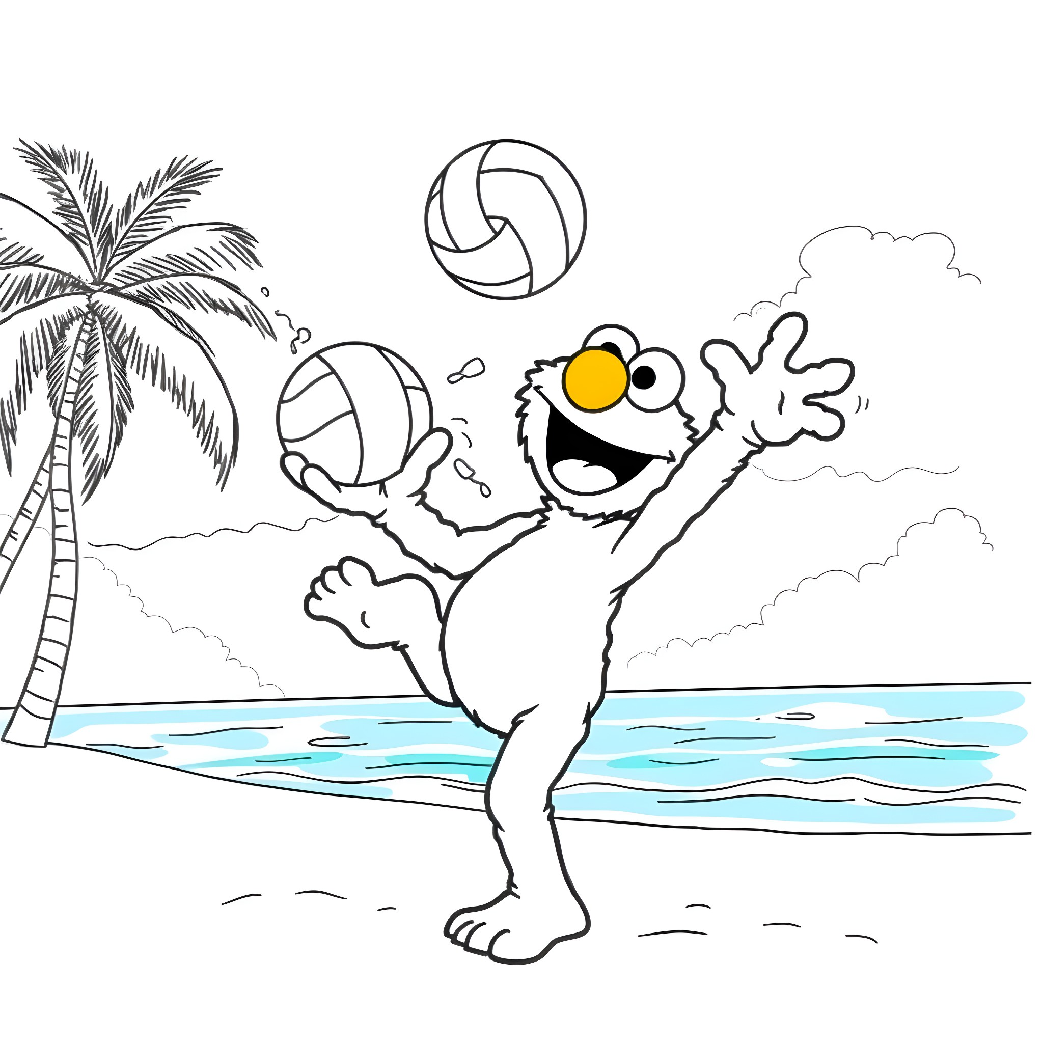 Elmo playing joyfully with beach balls on the shore Coloring Page (free black-and-white line drawing printable PDF for all, from beginners to advanced learners, including children, teens, adults, and seniors)