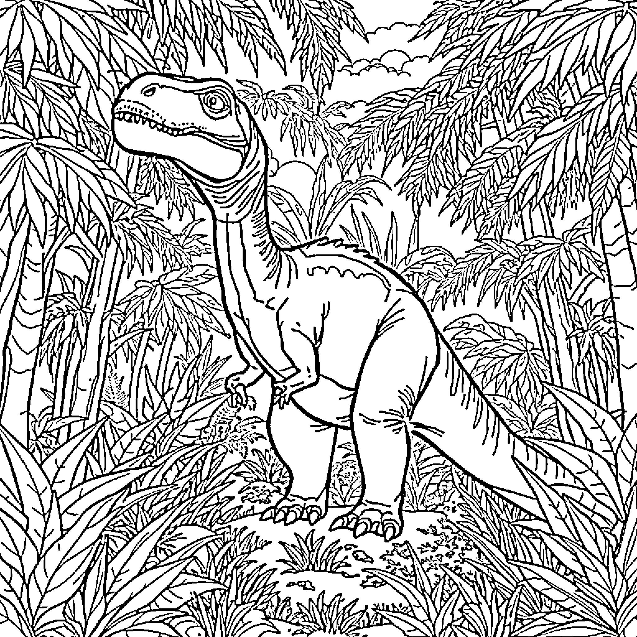 Dinosaur exploring the lush, tropical jungle Coloring Page (free black-and-white line drawing printable PDF for all, from beginners to advanced learners, including children, teens, adults, and seniors)