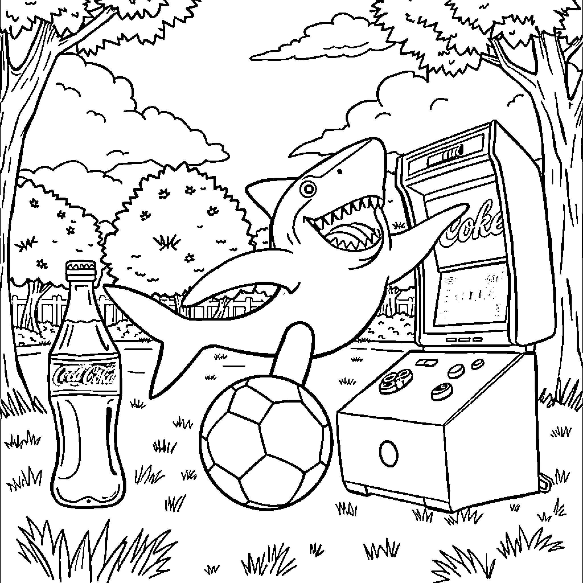 Shark playing joyfully with sports equipment in the forest Coloring Page (free black-and-white line drawing printable PDF for all, from beginners to advanced learners, including children, teens, adults, and seniors)