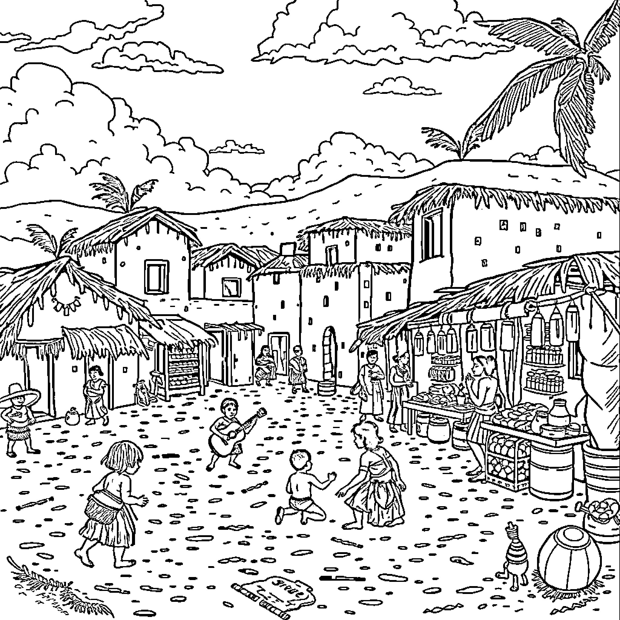 Aztec Village Scene with Bustling Market and People Coloring Page (free black-and-white line drawing printable PDF for all, from beginners to advanced learners, including children, teens, adults, and seniors)