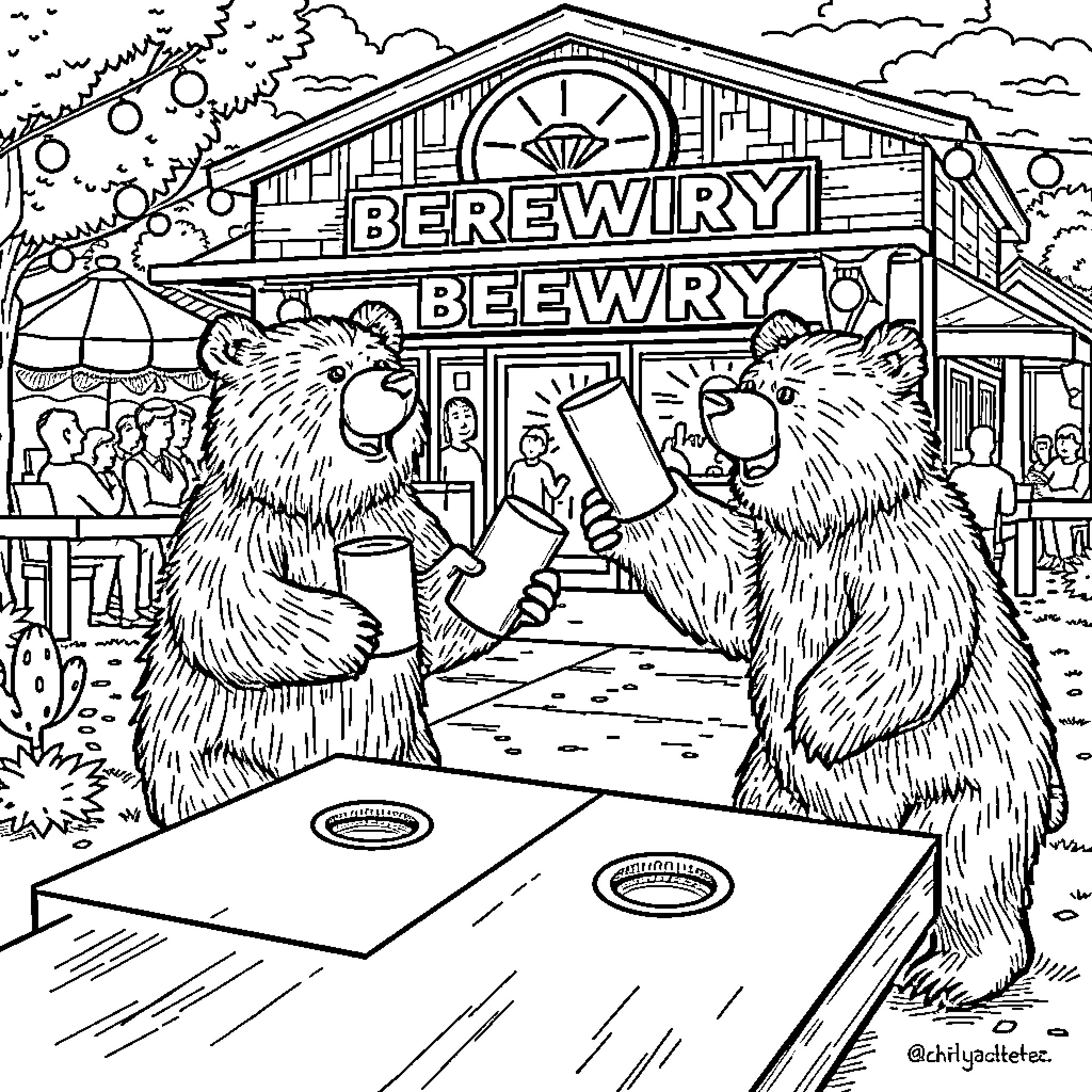 Bears enjoying a day at the Berewiry Beewry Coloring Page (free black-and-white line drawing printable PDF for all, from beginners to advanced learners, including children, teens, adults, and seniors)
