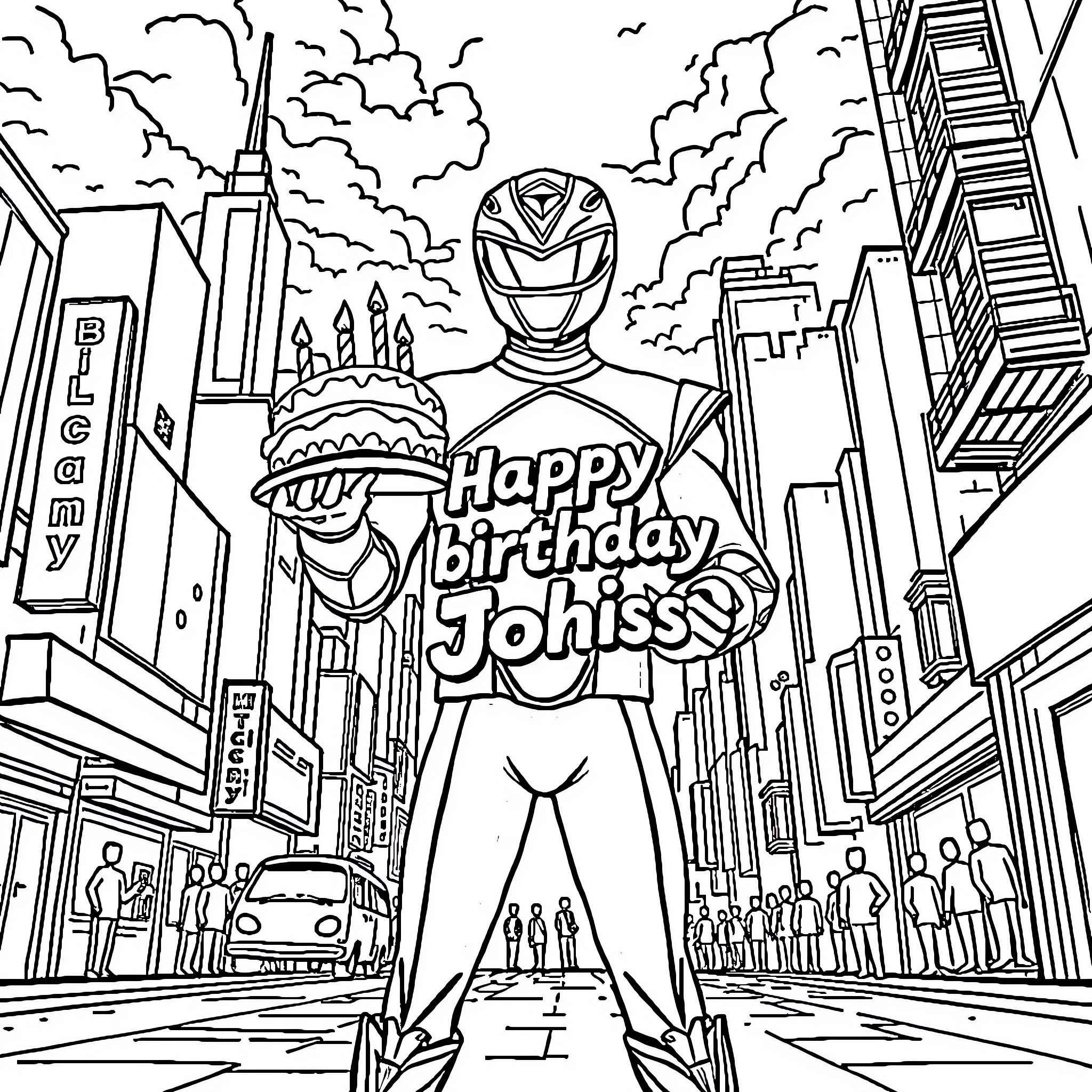 Power Ranger Celebrates Birthday in City Coloring Page (free black-and-white line drawing printable PDF for all, from beginners to advanced learners, including children, teens, adults, and seniors)