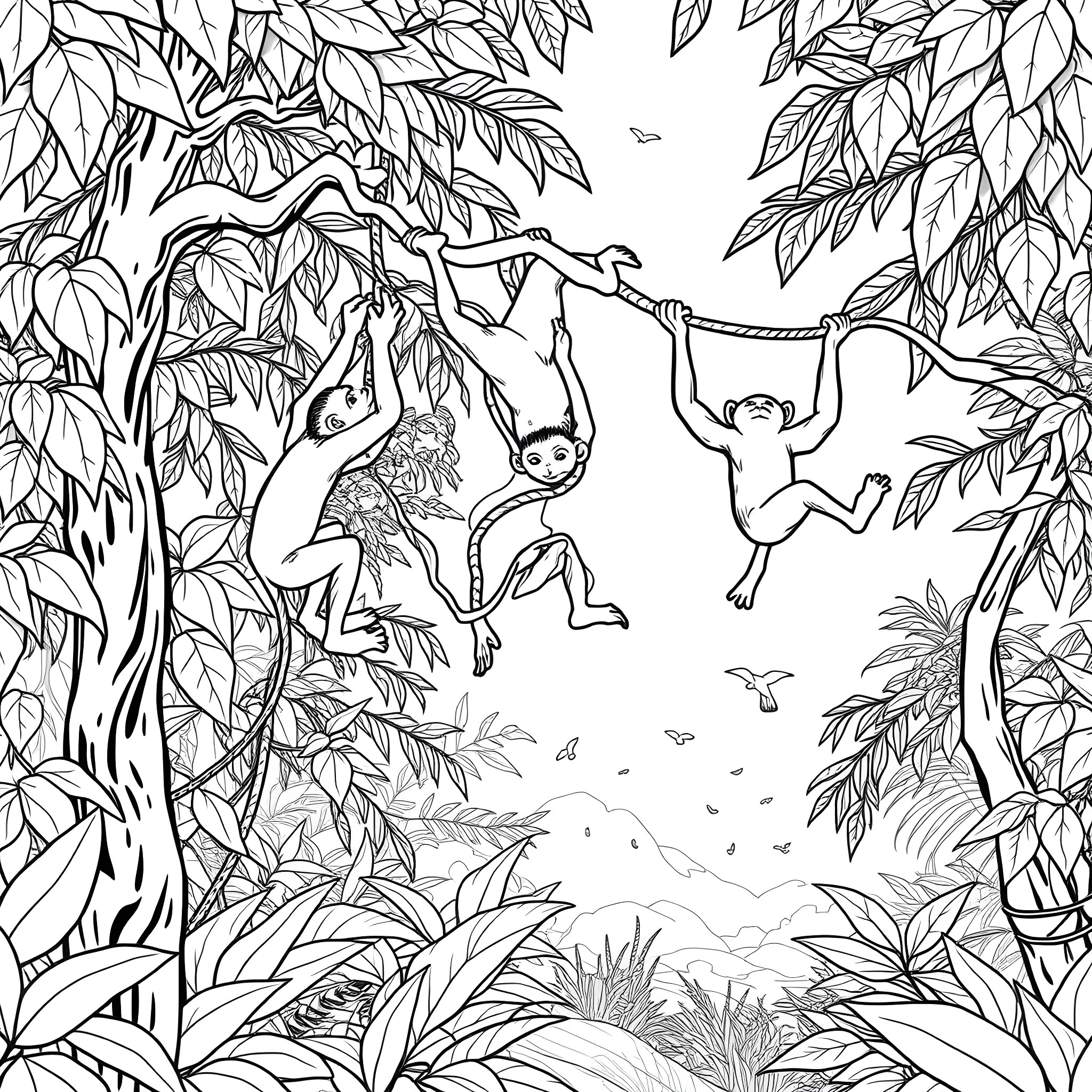 Monkeys playing happily in the jungle Coloring Page (free black-and-white line drawing printable PDF for all, from beginners to advanced learners, including children, teens, adults, and seniors)