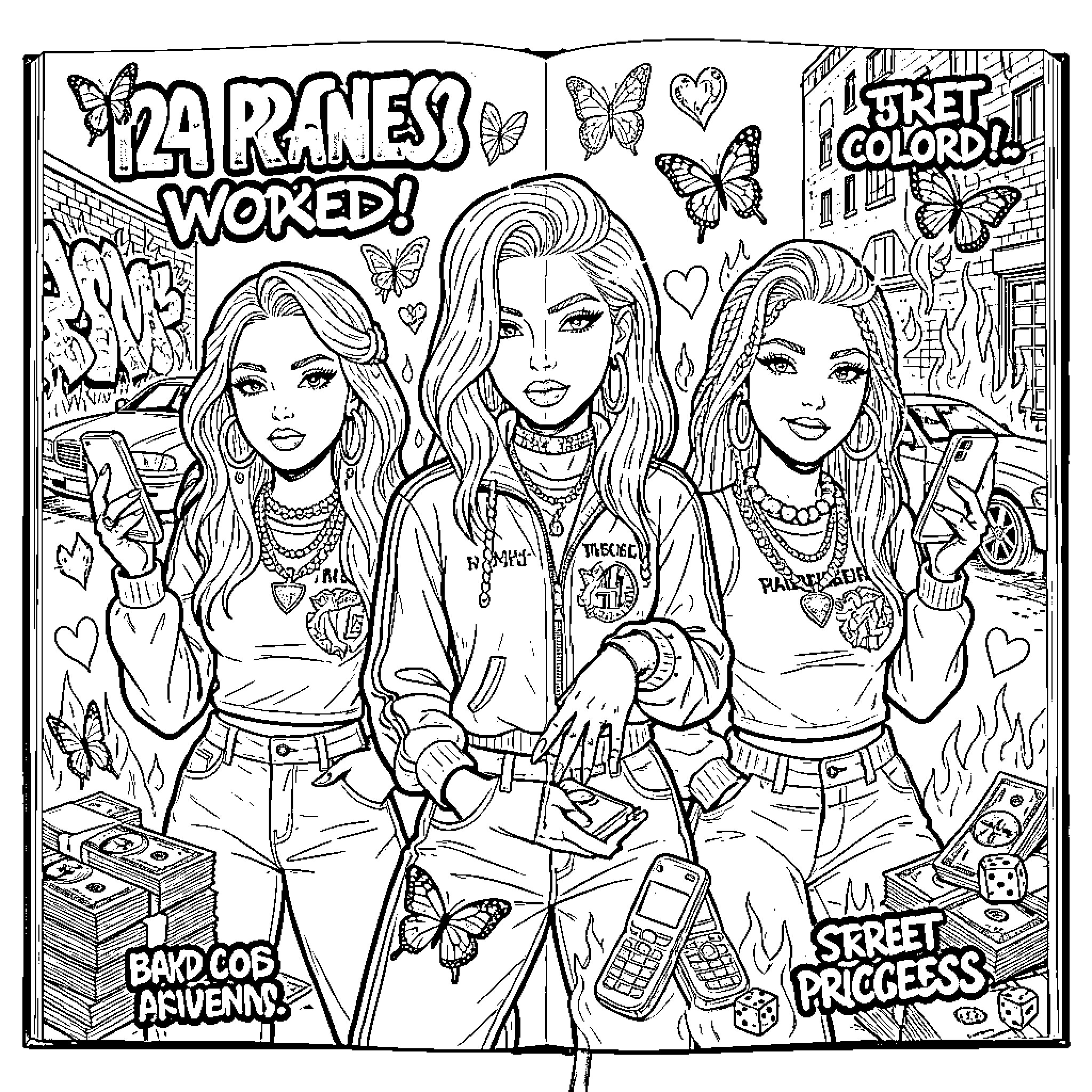 Princesses posing stylishly with phones and urban accessories Coloring Page (free black-and-white line drawing printable PDF for all, from beginners to advanced learners, including children, teens, adults, and seniors)