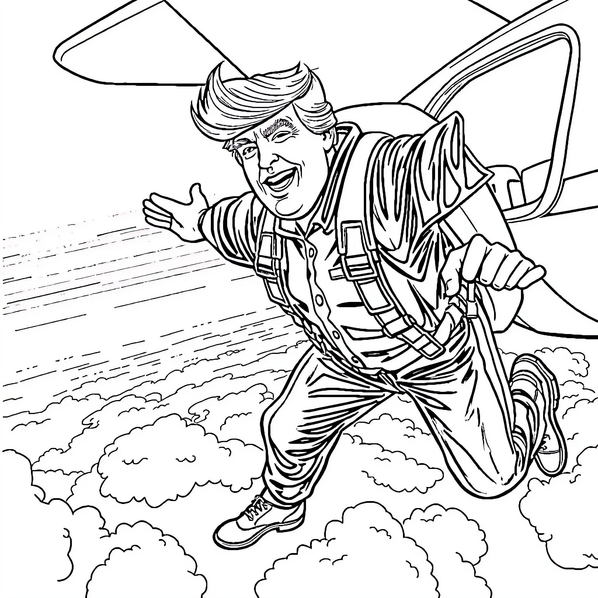 Donald Trump skydiving with exaggerated enthusiasm Coloring Page (free black-and-white line drawing printable PDF for all, from beginners to advanced learners, including children, teens, adults, and seniors)