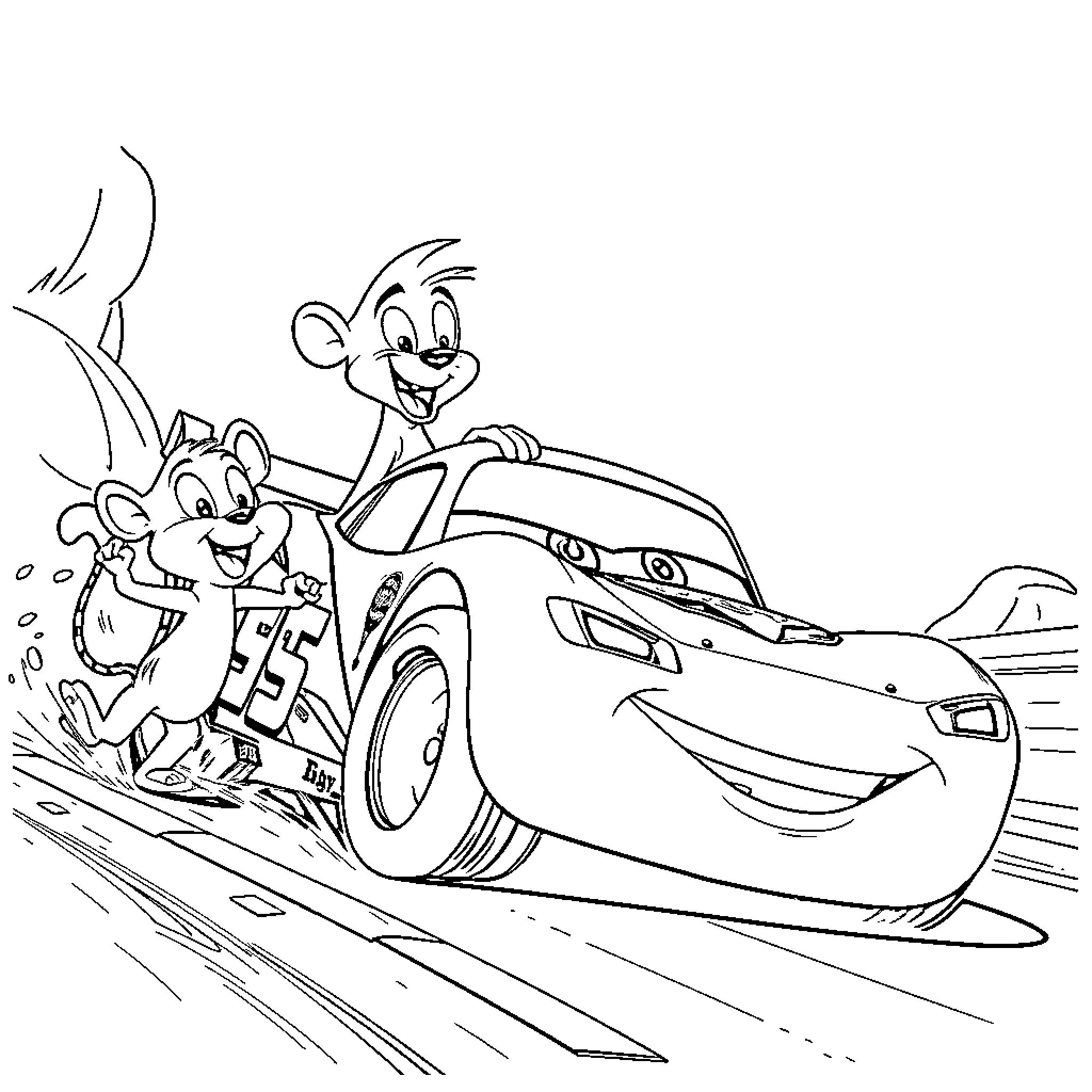 Rayo McQueen and Mater in a race car adventure Coloring Page (free black-and-white line drawing printable PDF for all, from beginners to advanced learners, including children, teens, adults, and seniors)