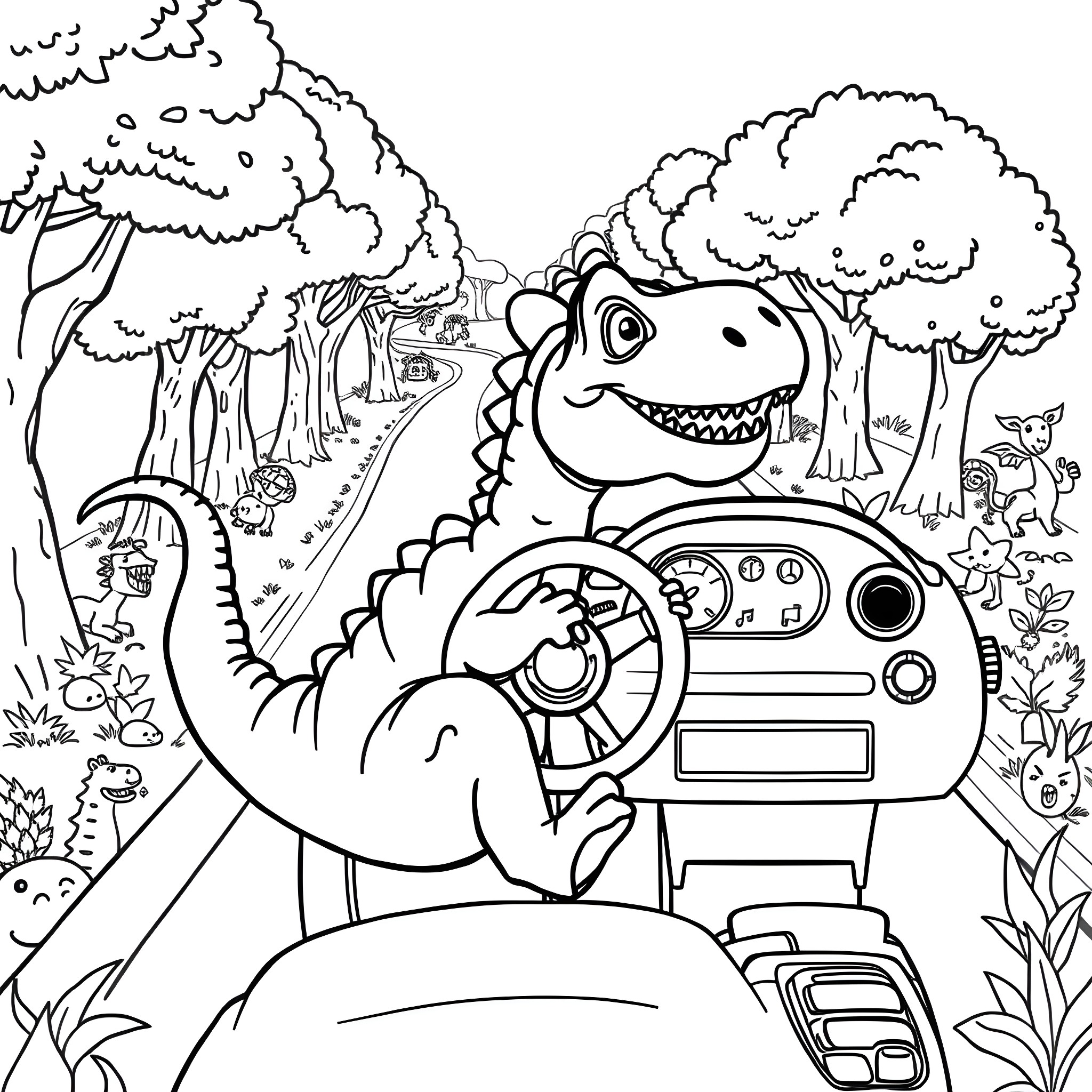 Dinosaur driving a futuristic vehicle through the forest Coloring Page (free black-and-white line drawing printable PDF for all, from beginners to advanced learners, including children, teens, adults, and seniors)