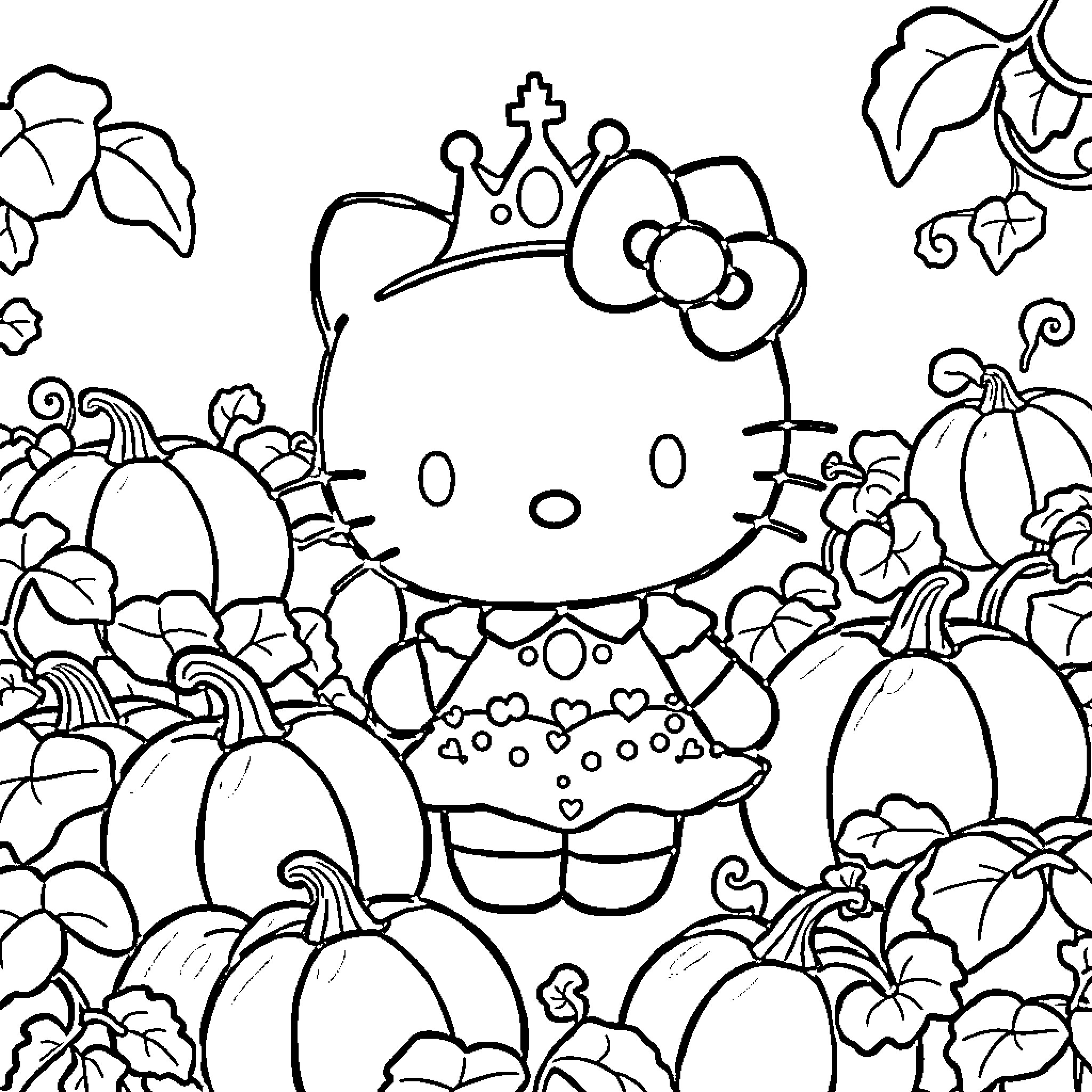 Hello Kitty in a Pumpkin Patch Celebration Coloring Page (free black-and-white line drawing printable PDF for all, from beginners to advanced learners, including children, teens, adults, and seniors)