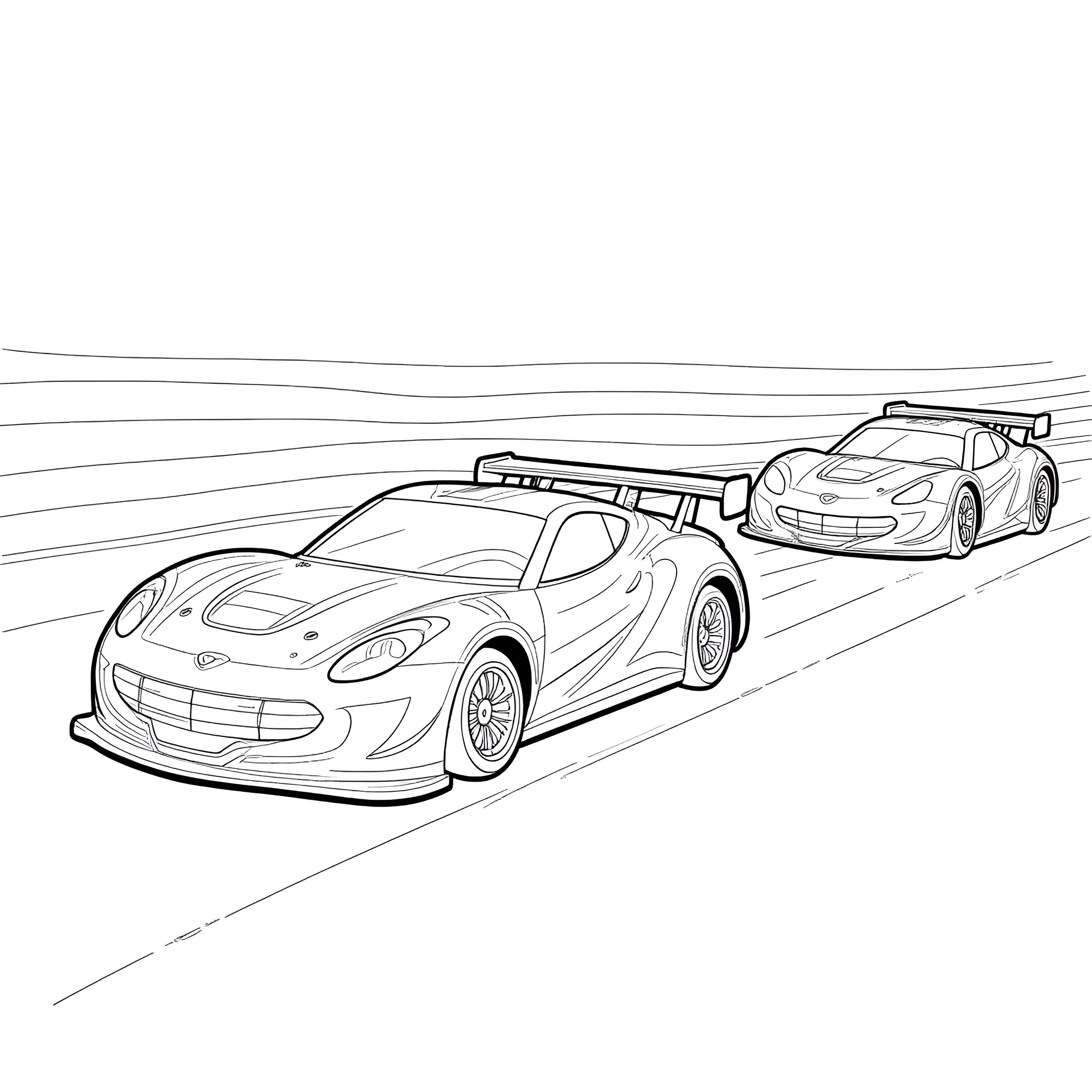 Race Cars Speeding on the Track Coloring Page (free black-and-white line drawing printable PDF for all, from beginners to advanced learners, including children, teens, adults, and seniors)