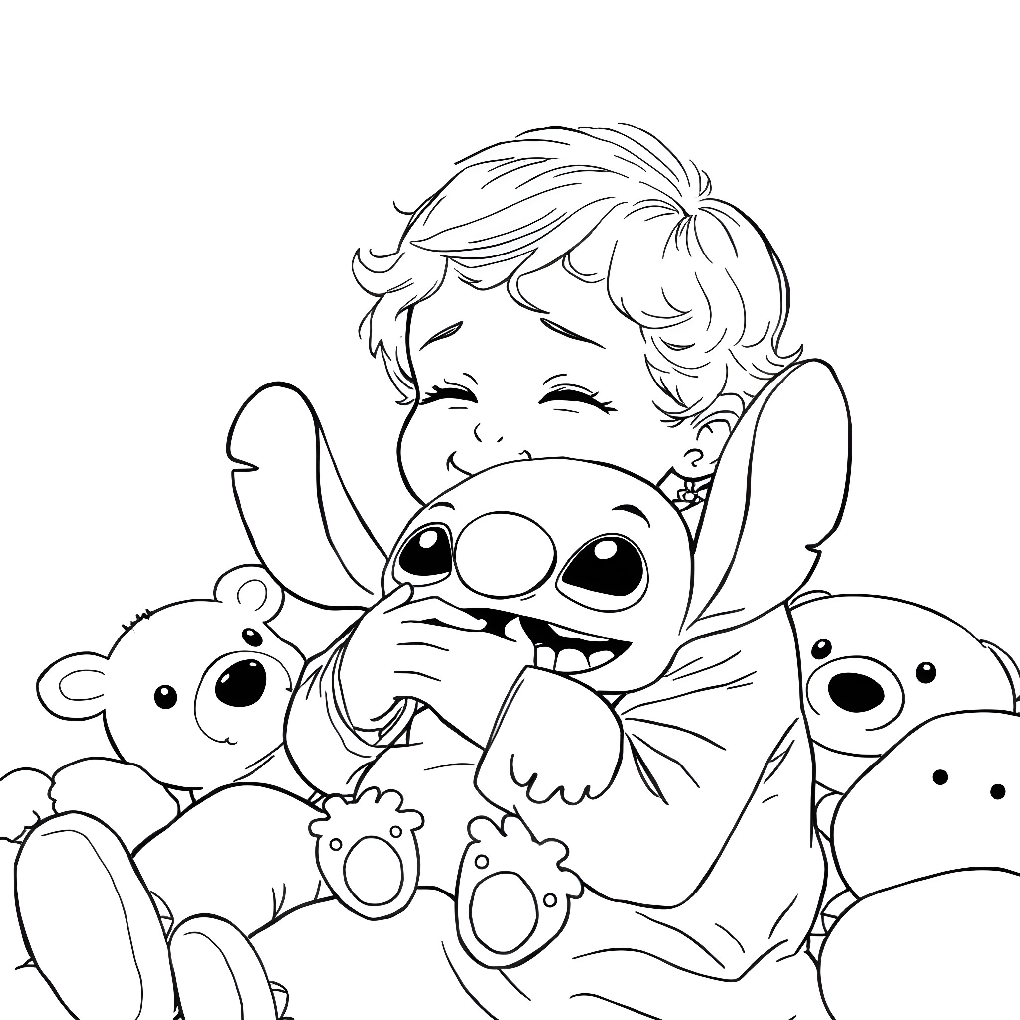 Girl cuddles with adorable plush toys Coloring Page (free black-and-white line drawing printable PDF for all, from beginners to advanced learners, including children, teens, adults, and seniors)