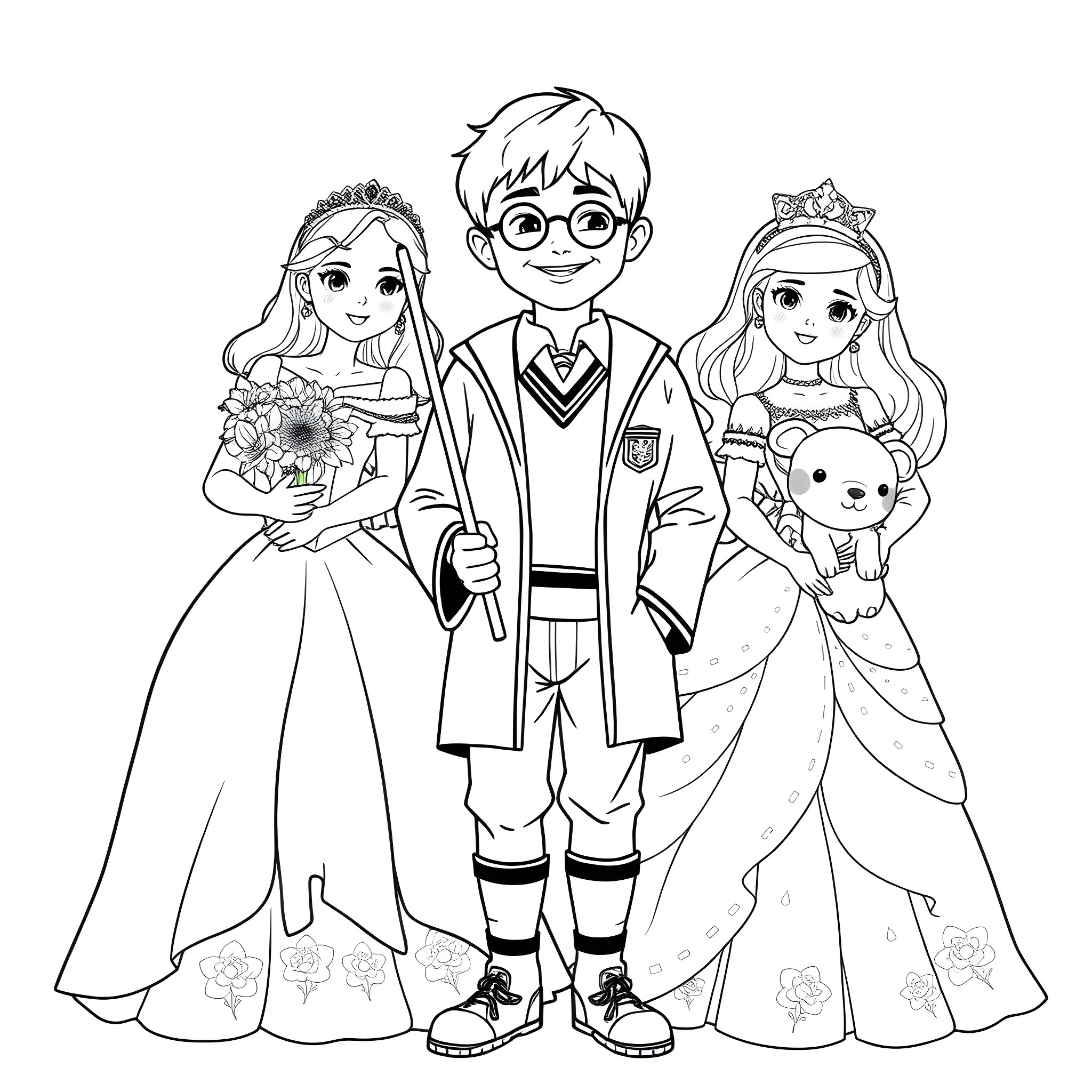 Boy with two princesses and a pet in school uniform Coloring Page (free black-and-white line drawing printable PDF for all, from beginners to advanced learners, including children, teens, adults, and seniors)