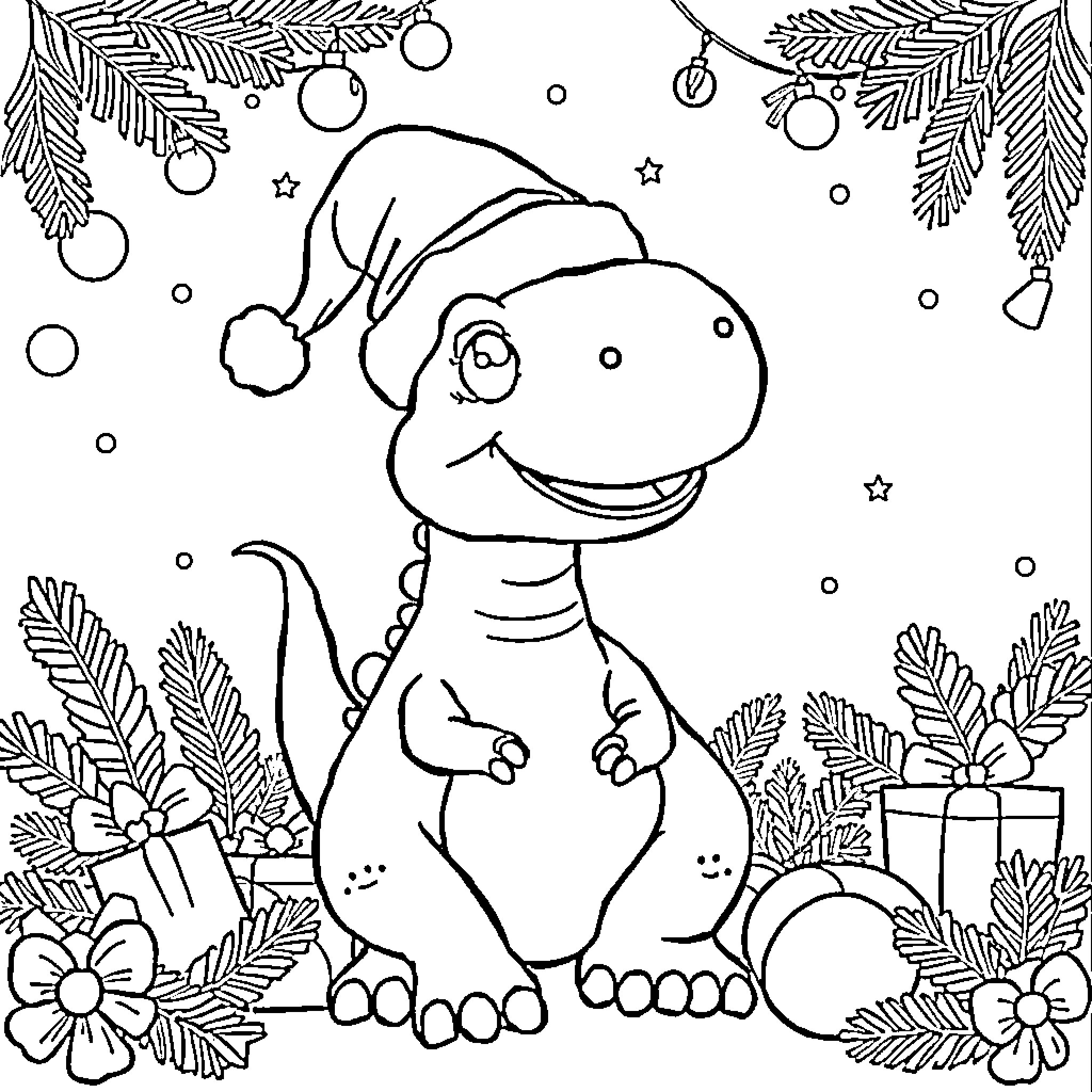 Dinosaur wearing Santa hat surrounded by Christmas decorations Coloring Page (free black-and-white line drawing printable PDF for all, from beginners to advanced learners, including children, teens, adults, and seniors)