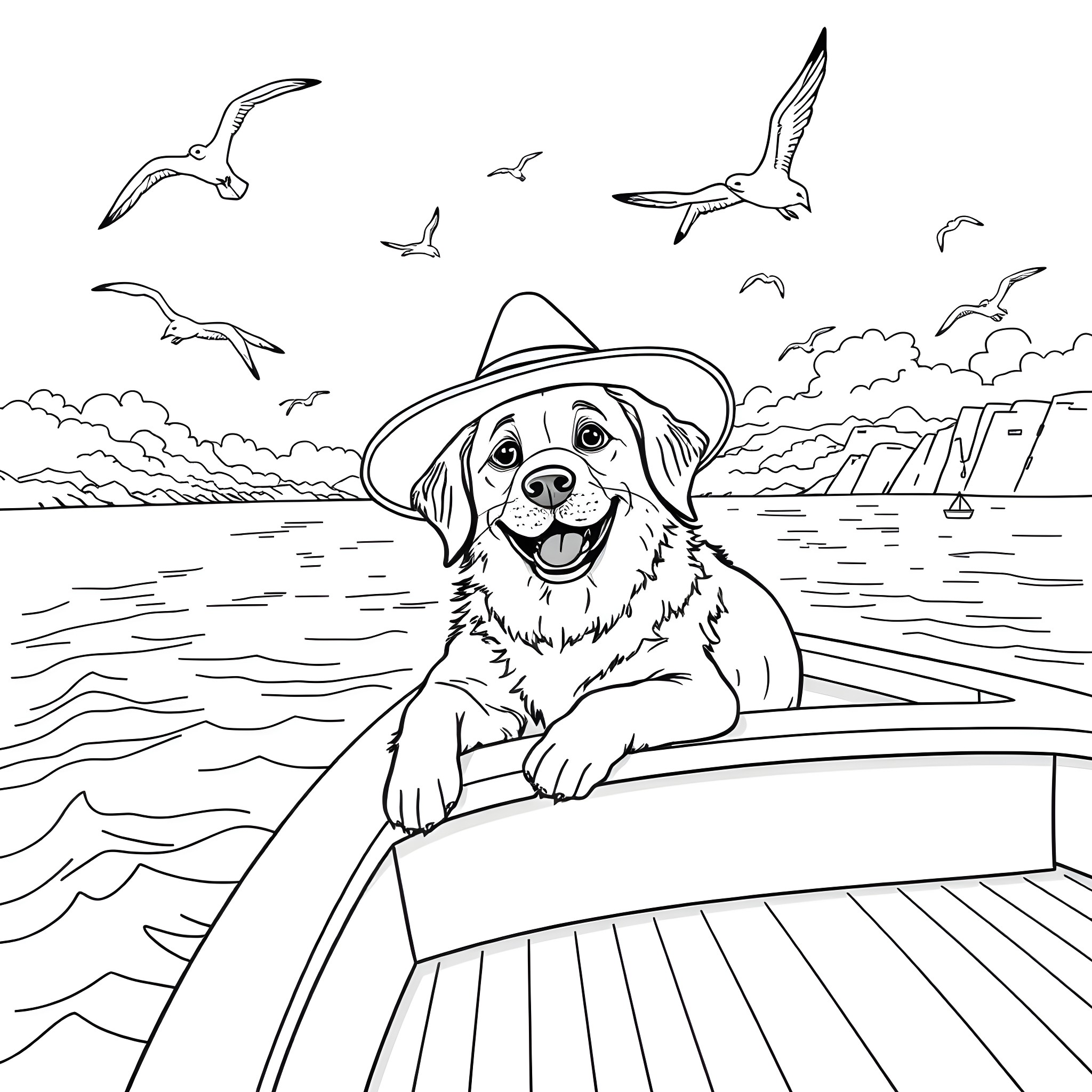 Dog enjoying a day at the beach Coloring Page (free black-and-white line drawing printable PDF for all, from beginners to advanced learners, including children, teens, adults, and seniors)