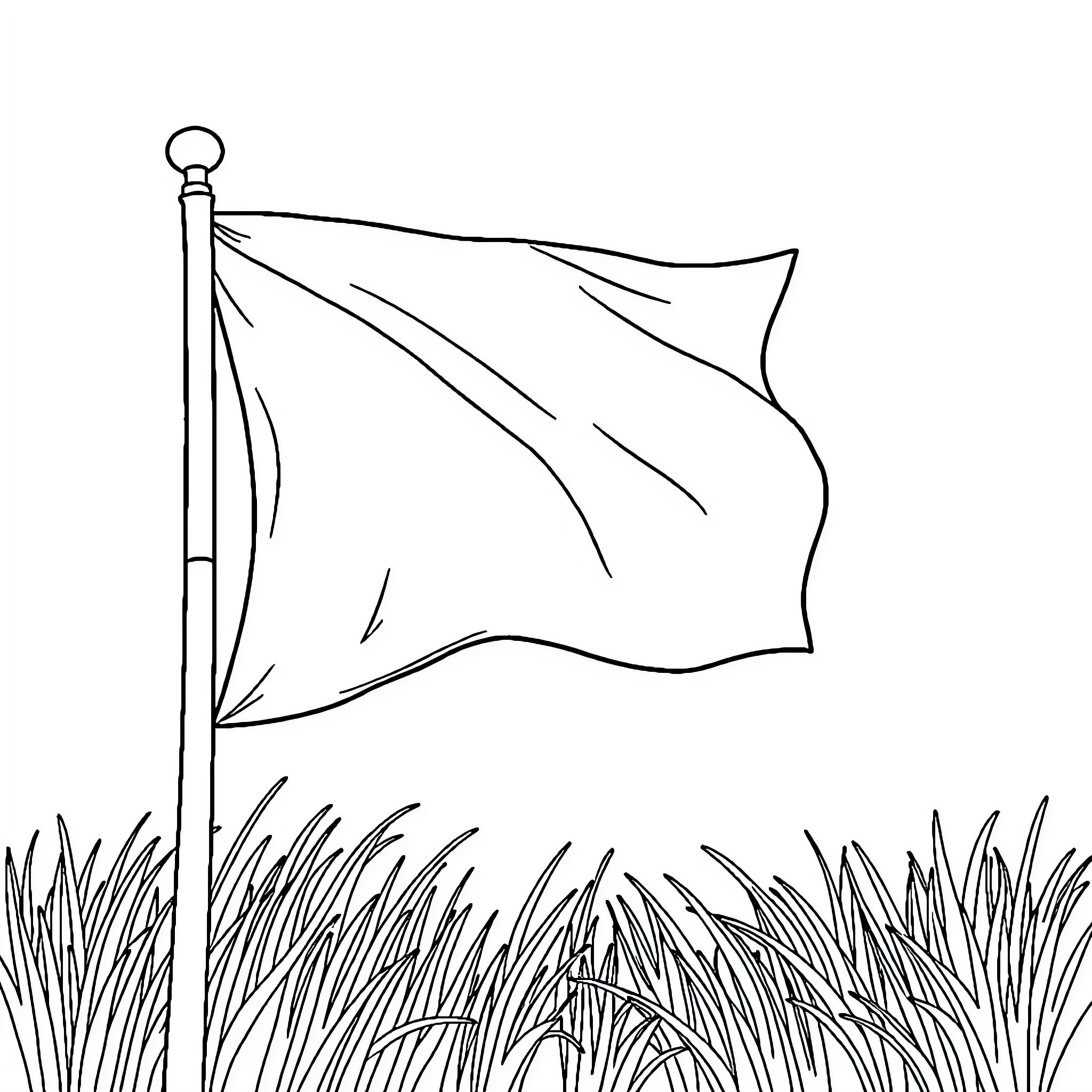 Flag waving in the breeze above tall grass Coloring Page (free black-and-white line drawing printable PDF for all, from beginners to advanced learners, including children, teens, adults, and seniors)