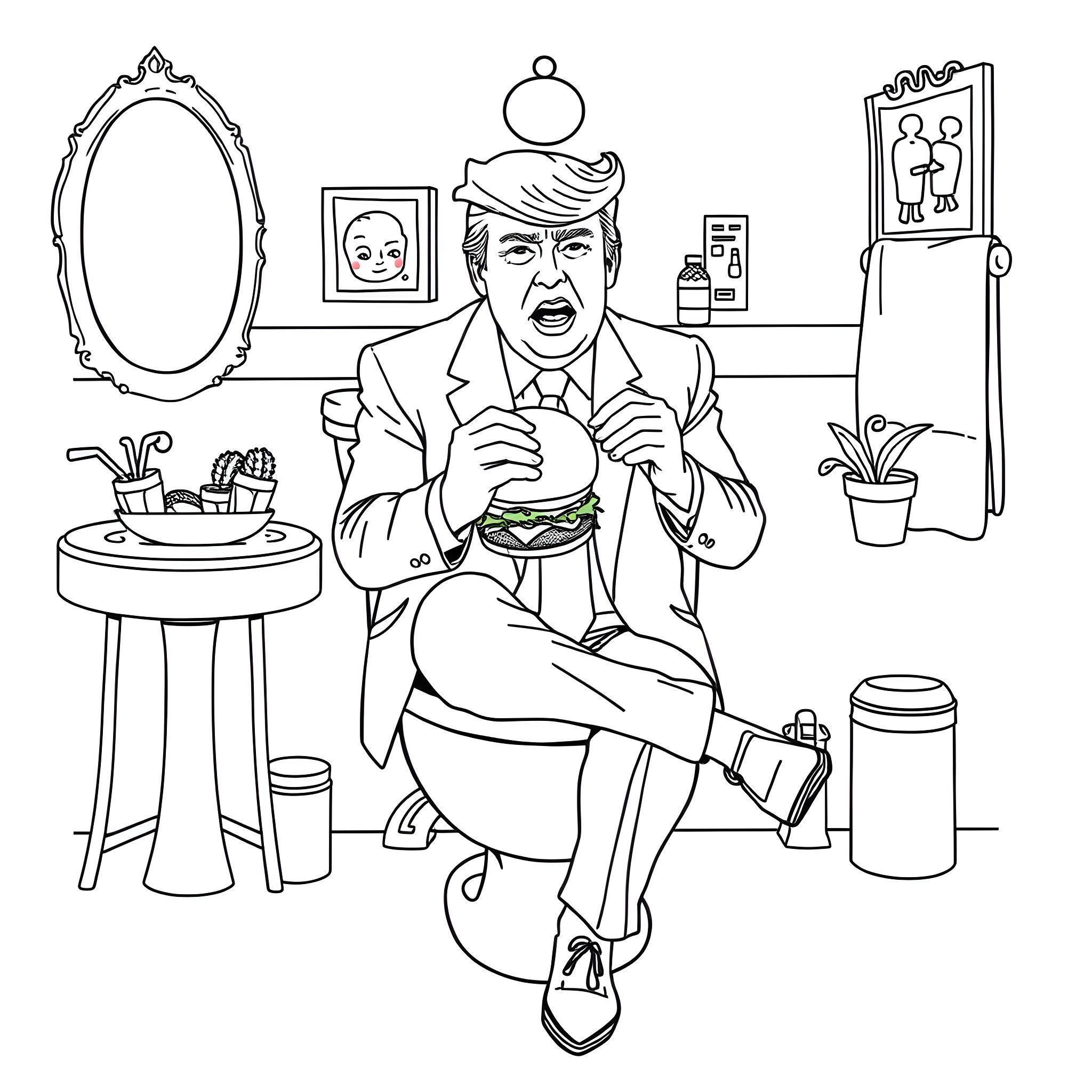 Donald Trump enjoying a fast food burger in his office Coloring Page (free black-and-white line drawing printable PDF for all, from beginners to advanced learners, including children, teens, adults, and seniors)
