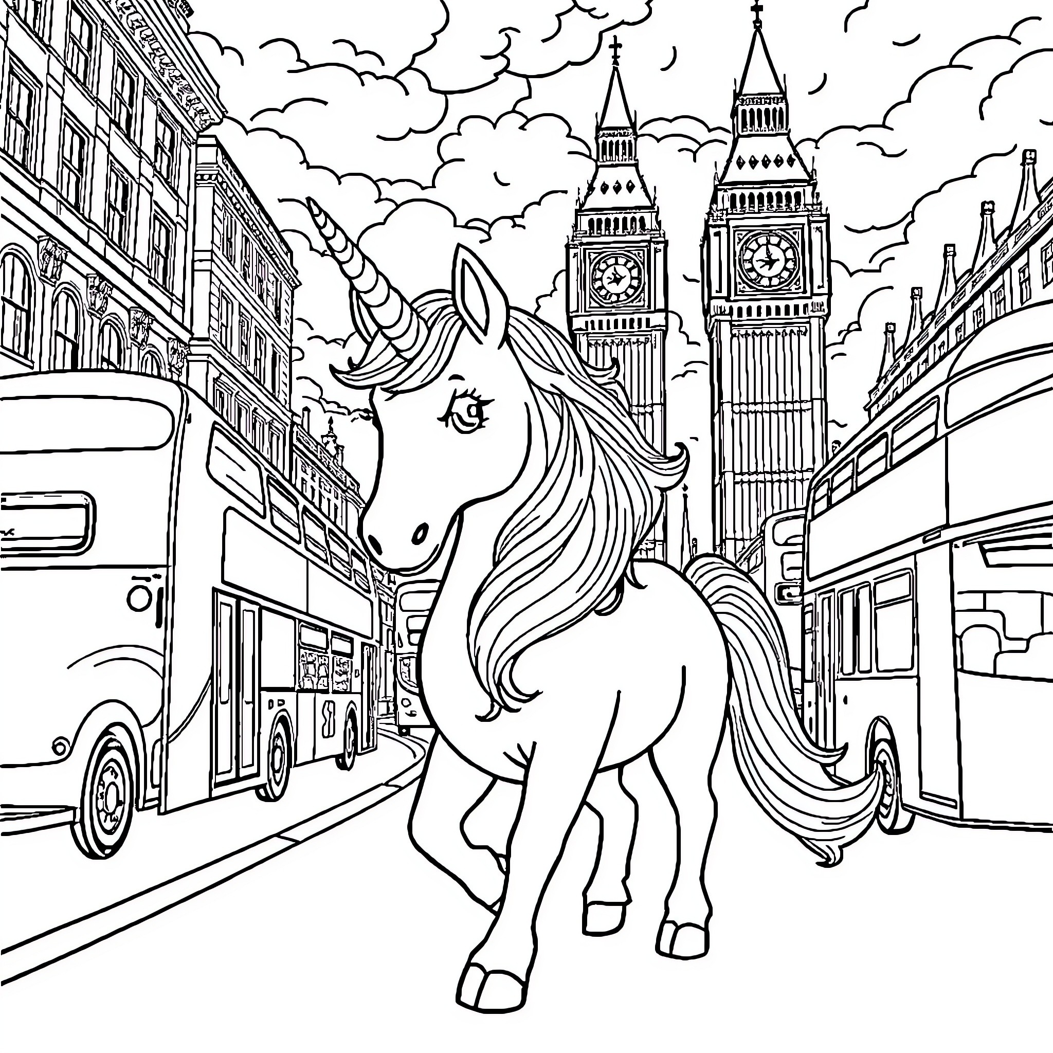 Caticorn frolicking in the bustling city streets Coloring Page (free black-and-white line drawing printable PDF for all, from beginners to advanced learners, including children, teens, adults, and seniors)