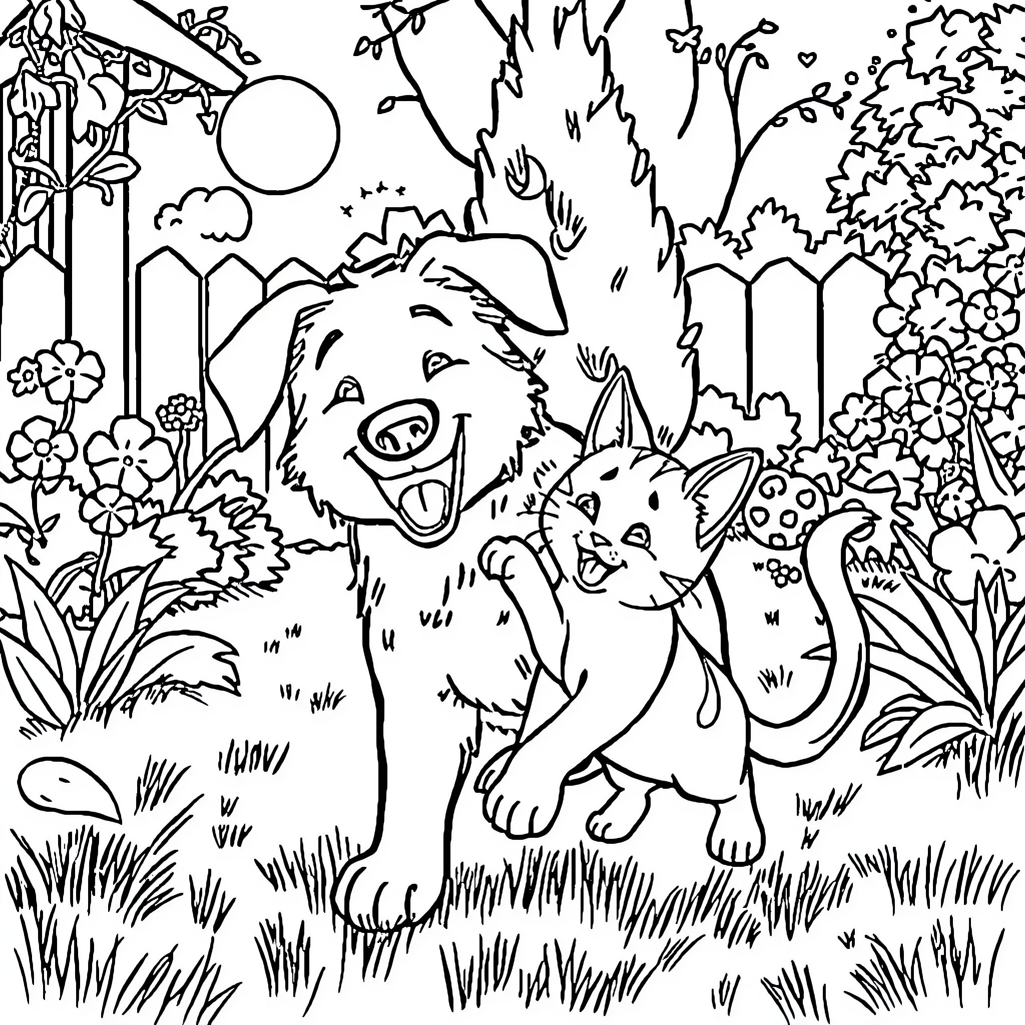 Dog and cat playing in forest landscape Coloring Page (free black-and-white line drawing printable PDF for all, from beginners to advanced learners, including children, teens, adults, and seniors)