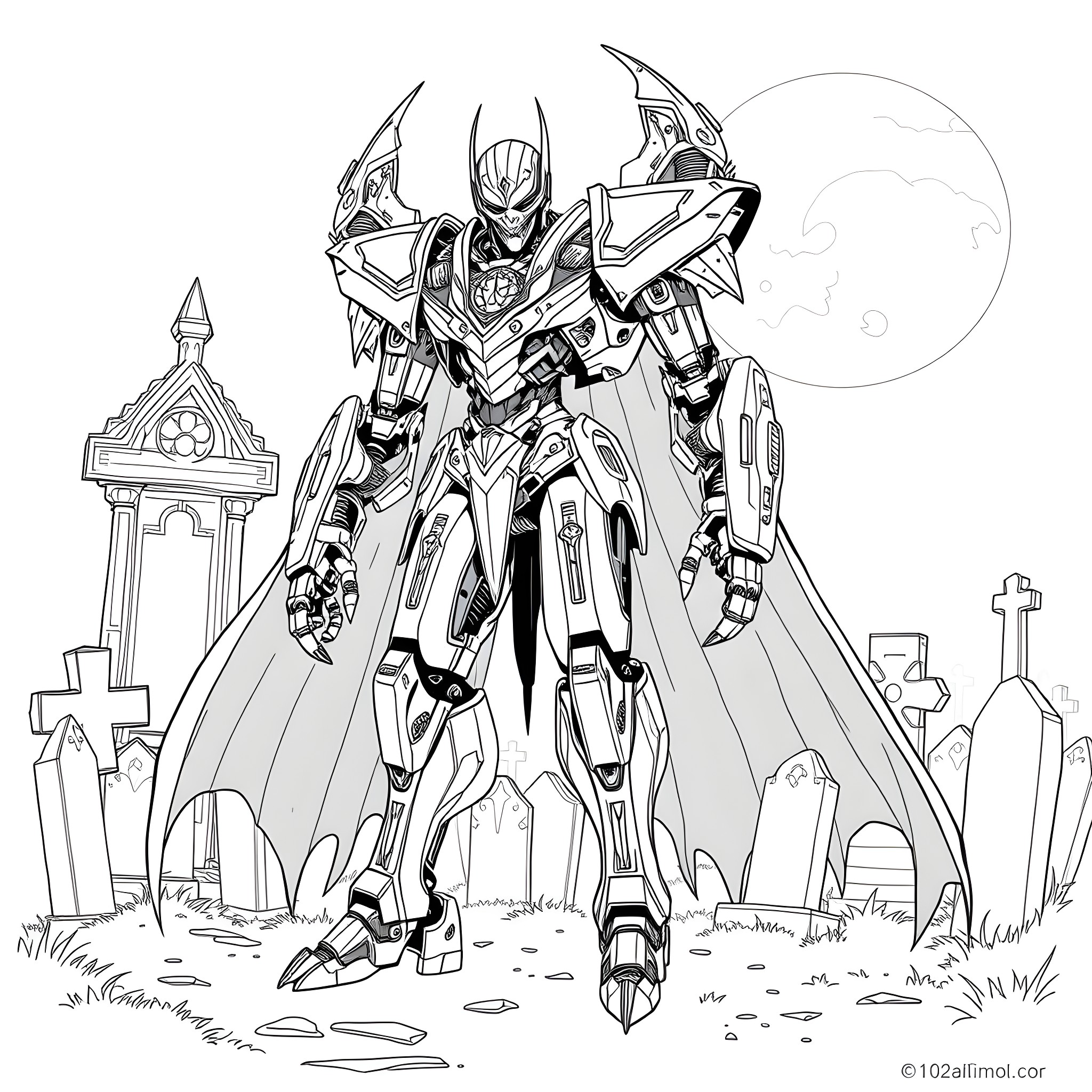 Count Dracula's Robotic Resurrection in a Graveyard Coloring Page (free black-and-white line drawing printable PDF for all, from beginners to advanced learners, including children, teens, adults, and seniors)