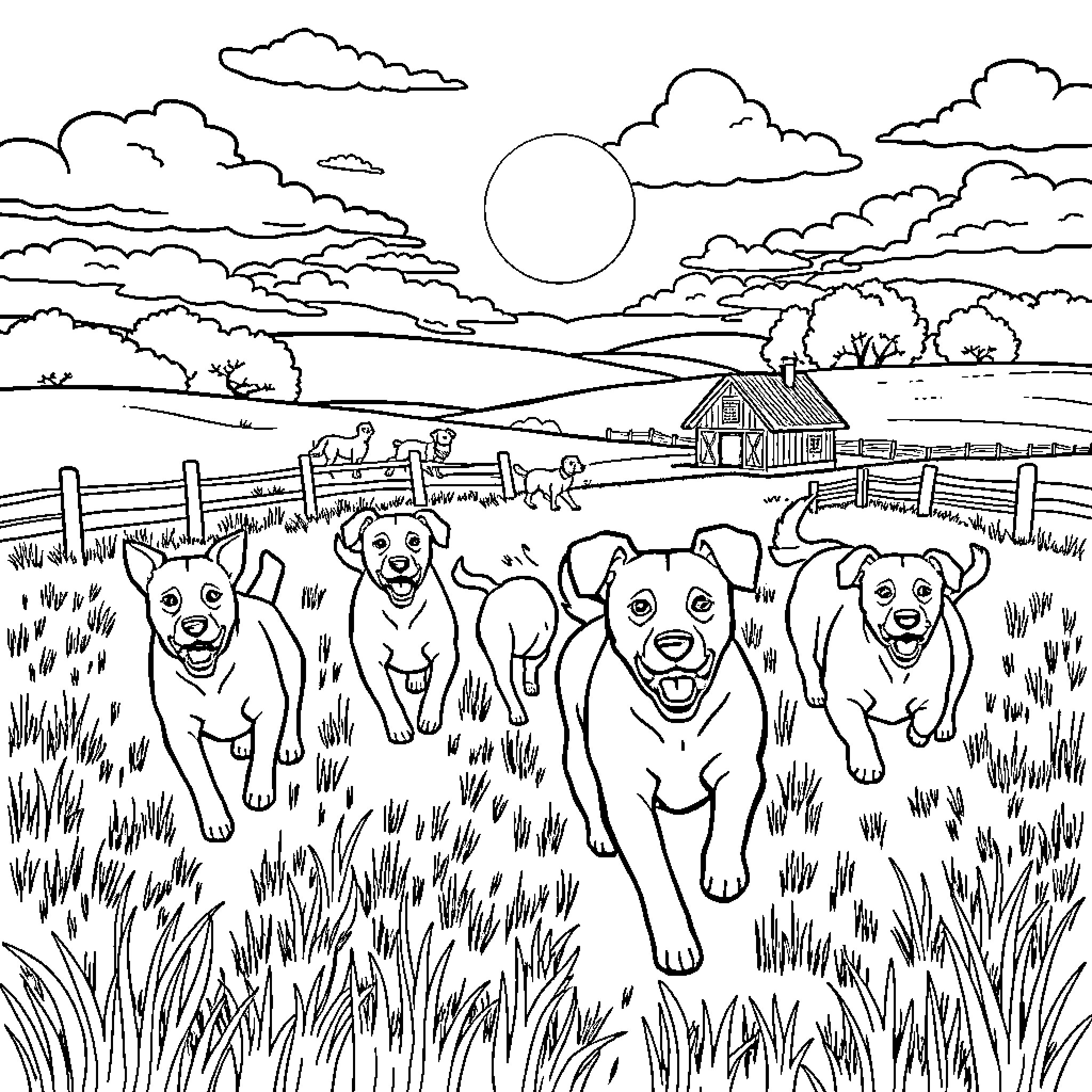 Dog pack running happily through the countryside Coloring Page (free black-and-white line drawing printable PDF for all, from beginners to advanced learners, including children, teens, adults, and seniors)