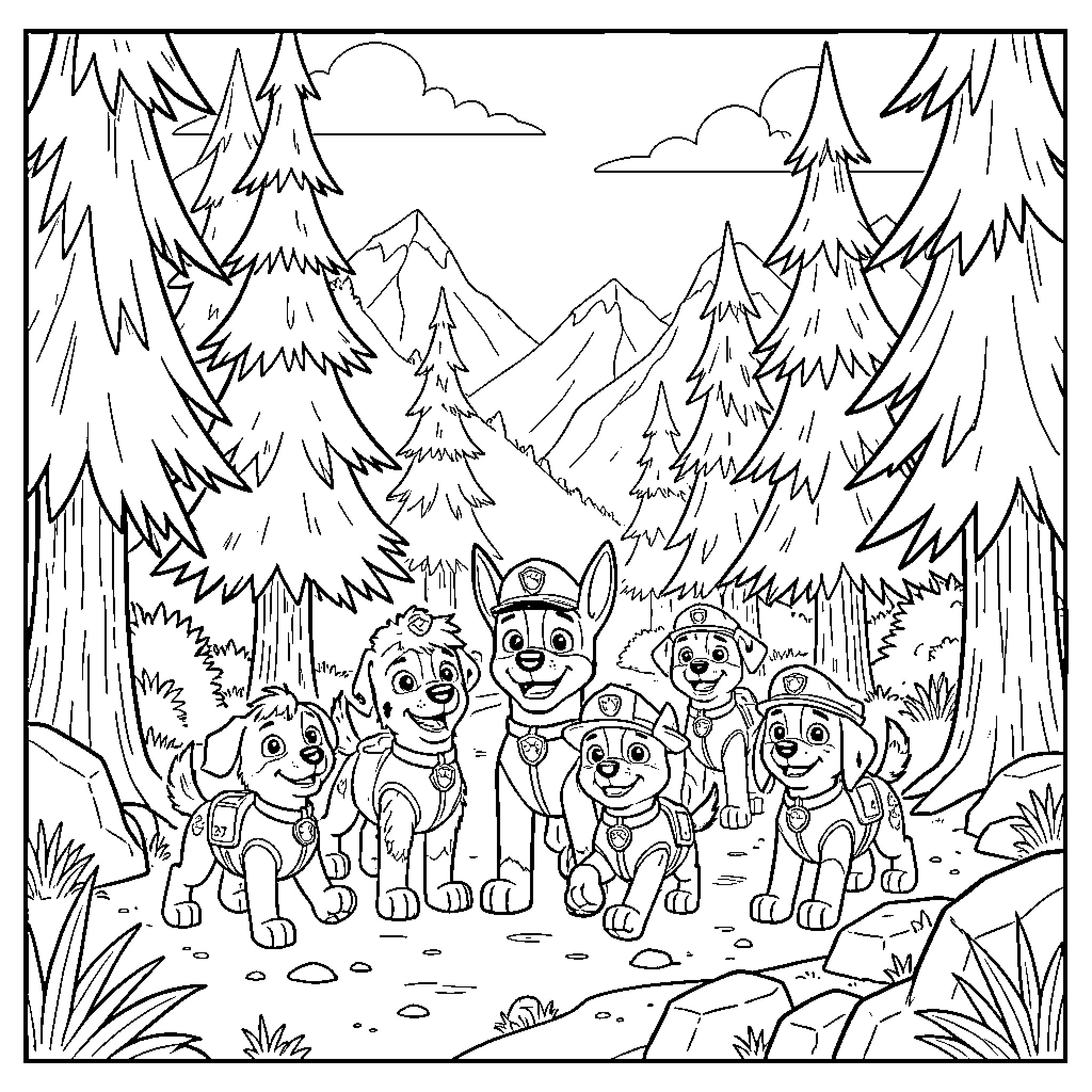 Paw Patrol pups smiling in a forest setting Coloring Page (free black-and-white line drawing printable PDF for all, from beginners to advanced learners, including children, teens, adults, and seniors)