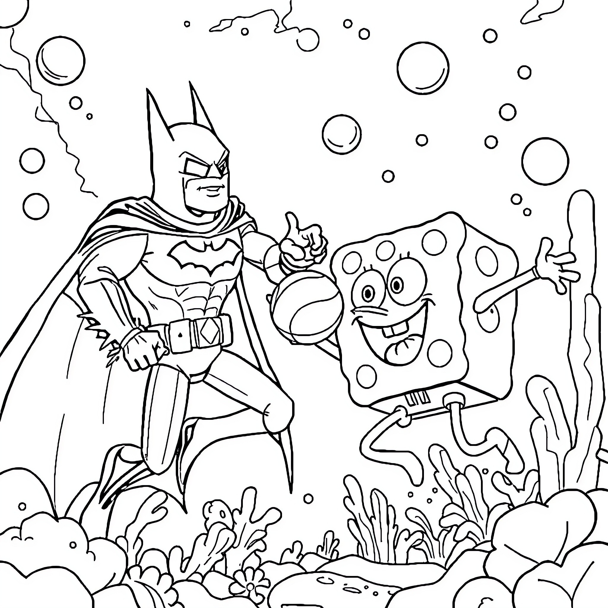 Bob esponja e Batman interagindo em um mundo subaquático Coloring Page (free black-and-white line drawing printable PDF for all, from beginners to advanced learners, including children, teens, adults, and seniors)